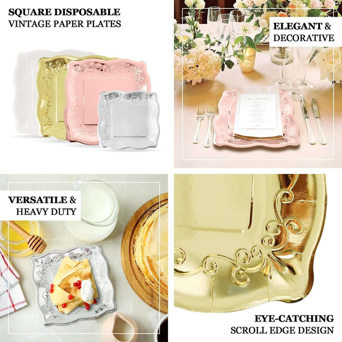 White vintage square dinner plates with embossed scroll design.