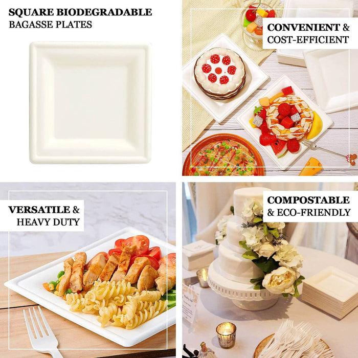 50 Pack | 6" White Square Biodegradable Bagasse Salad Plates, Eco-friendly Disposable Sugarcane Appetizer Dessert Party Plates