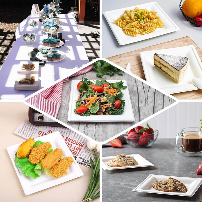 50 Pack | 6" White Square Biodegradable Bagasse Salad Plates, Eco-friendly Disposable Sugarcane Appetizer Dessert Party Plates