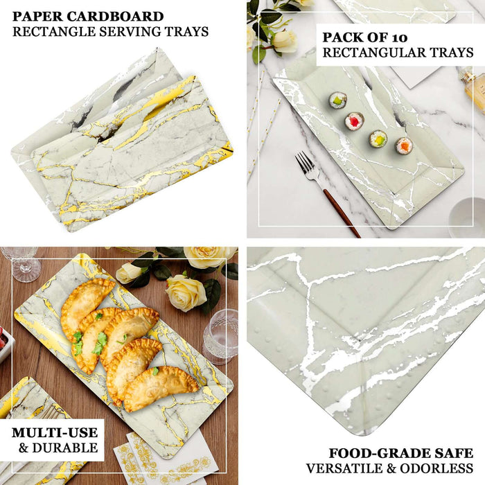 10 Pack | Ivory/Gold Marble 16" Heavy Duty Paper Serving Trays - 1100 GSM