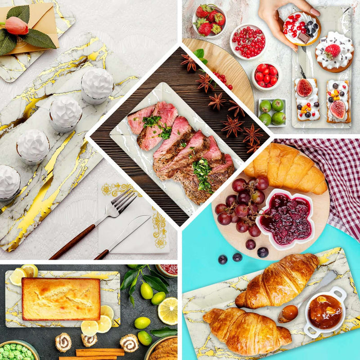 Black and gold marble serving trays for food presentation.