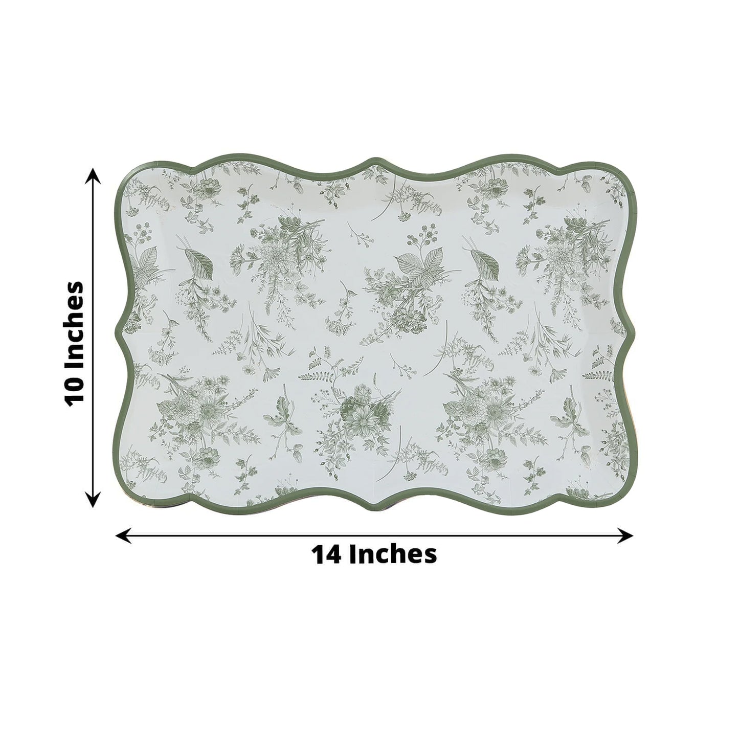 10 Pack White Sage Green Paper Serving Trays with French Toile Pattern, 400 GSM Disposable Rectangular Party Platters - 14"x10"