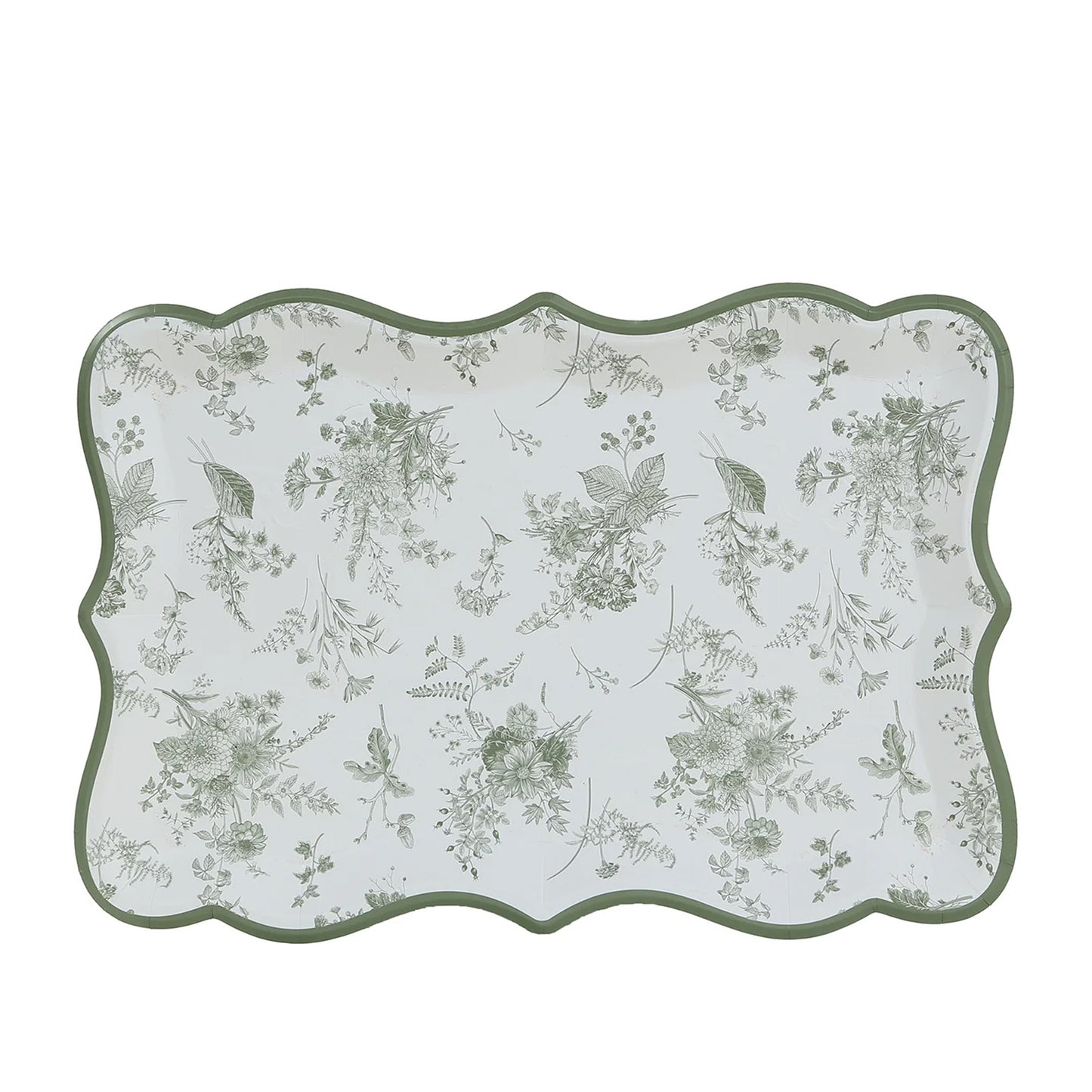 10 Pack White Sage Green Paper Serving Trays with French Toile Pattern, 400 GSM Disposable Rectangular Party Platters - 14"x10"