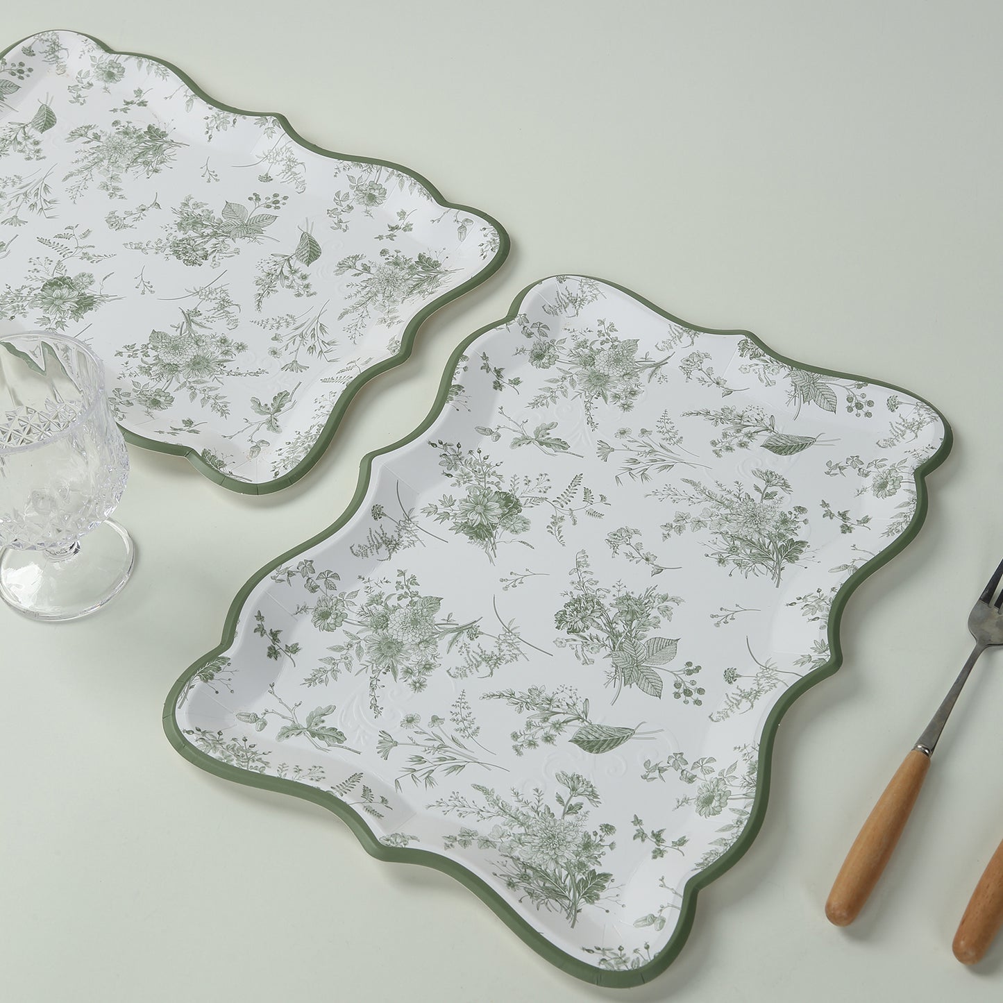 10 Pack White Sage Green Paper Serving Trays with French Toile Pattern, 400 GSM Disposable Rectangular Party Platters - 14"x10"