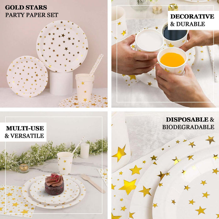 120 Pcs White Gold Stars Disposable Dinnerware Set, Paper Plates Cups Napkins Tableware Combo Pack