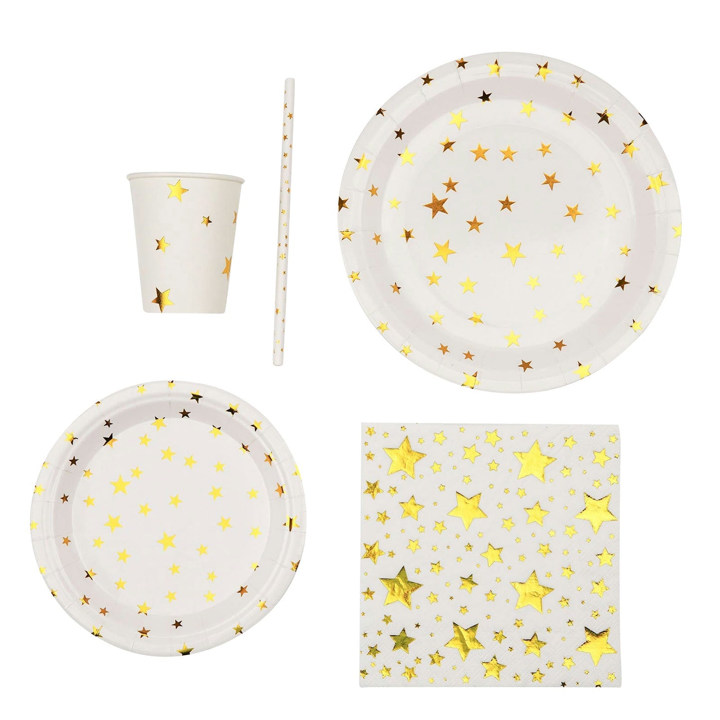 120 Pcs White Gold Stars Disposable Dinnerware Set, Paper Plates Cups Napkins Tableware Combo Pack