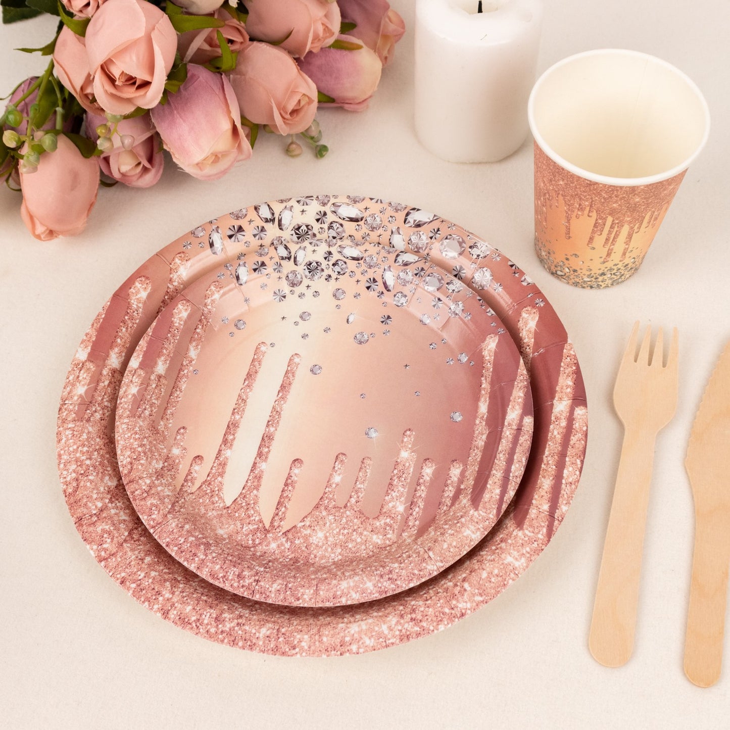 72 Pcs Rose Gold Disposable Dinnerware Set With Diamonds Glitter Drip Pattern, Paper Plates Cups Party Supplies Combo Pack