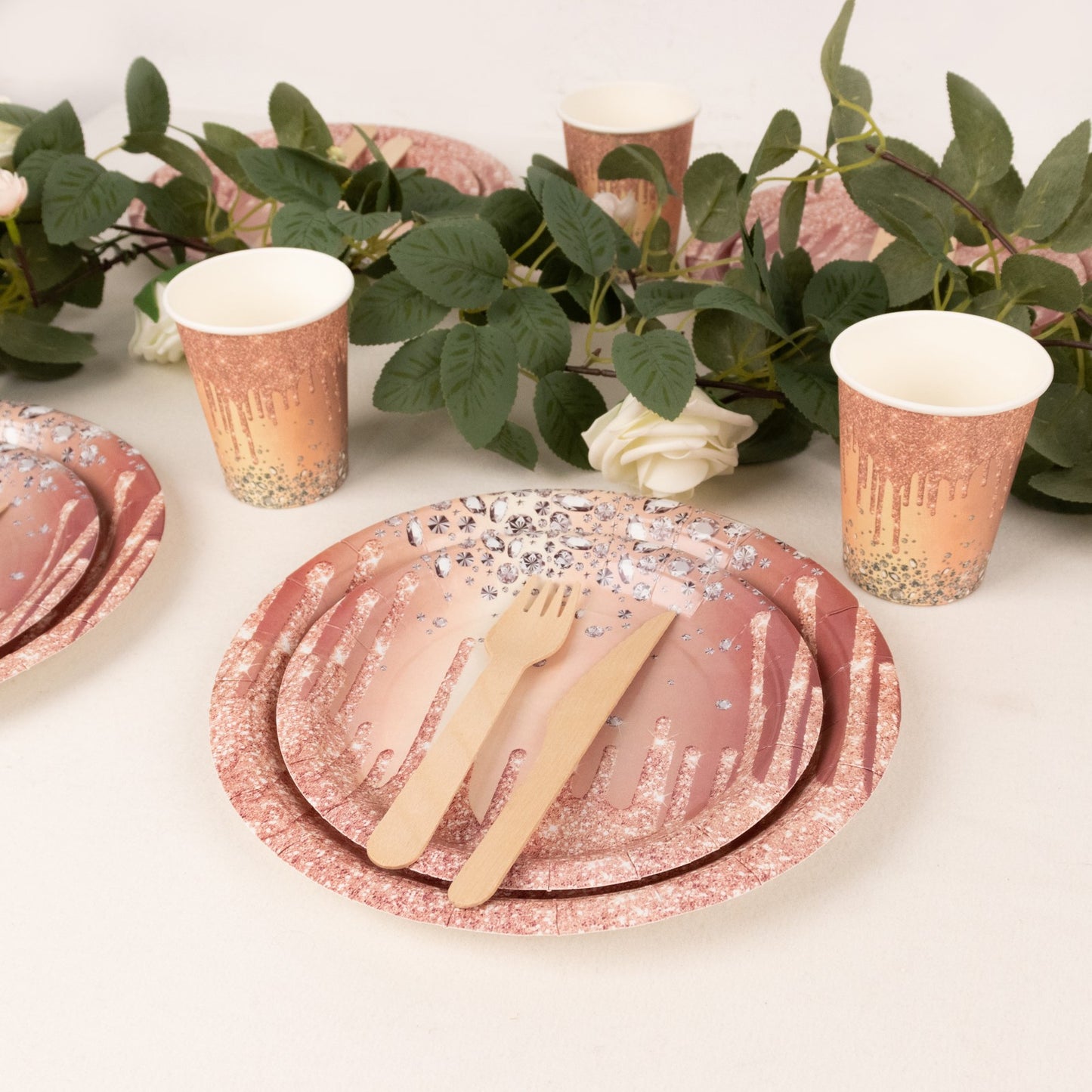 72 Pcs Rose Gold Disposable Dinnerware Set With Diamonds Glitter Drip Pattern, Paper Plates Cups Party Supplies Combo Pack