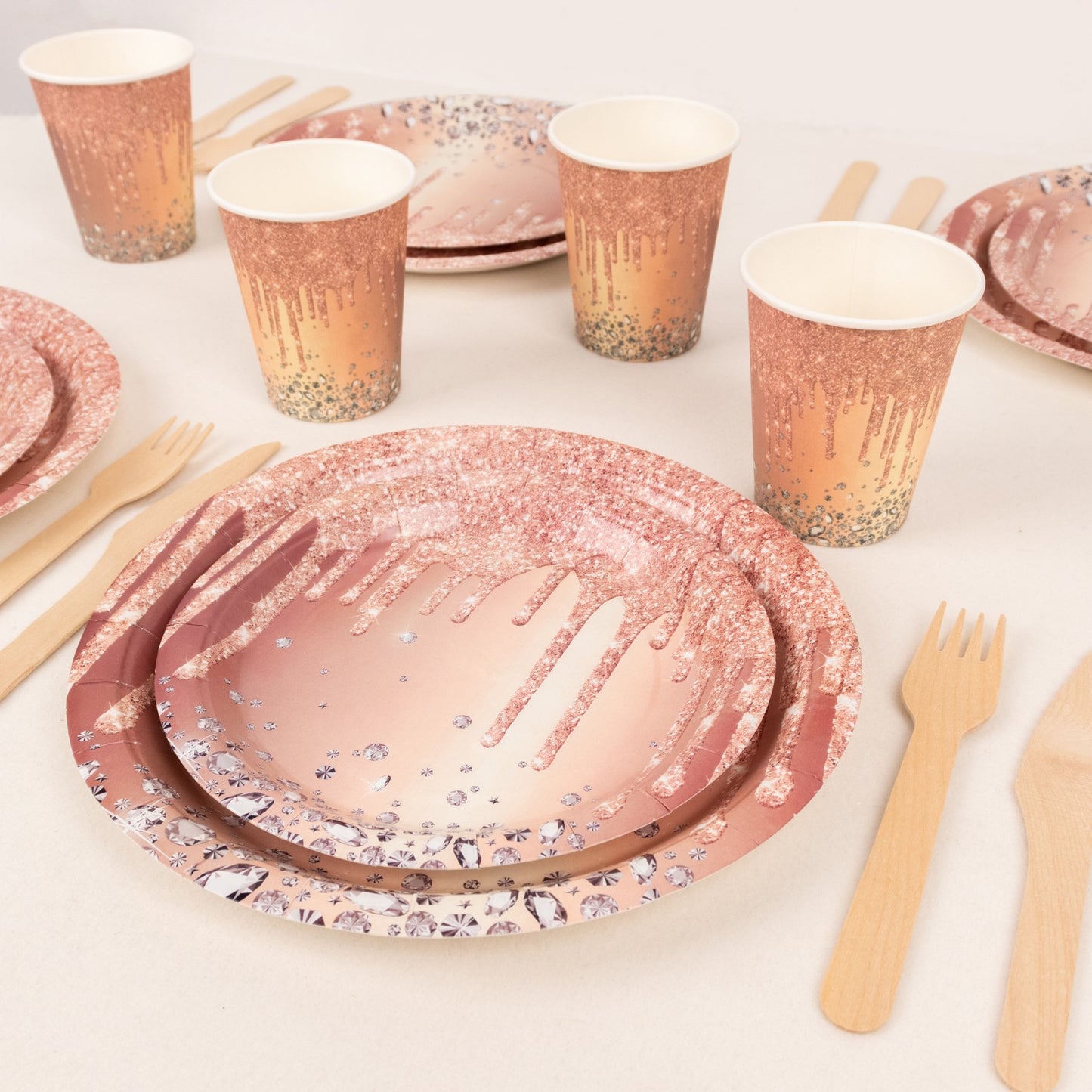 72 Pcs Rose Gold Disposable Dinnerware Set With Diamonds Glitter Drip Pattern, Paper Plates Cups Party Supplies Combo Pack