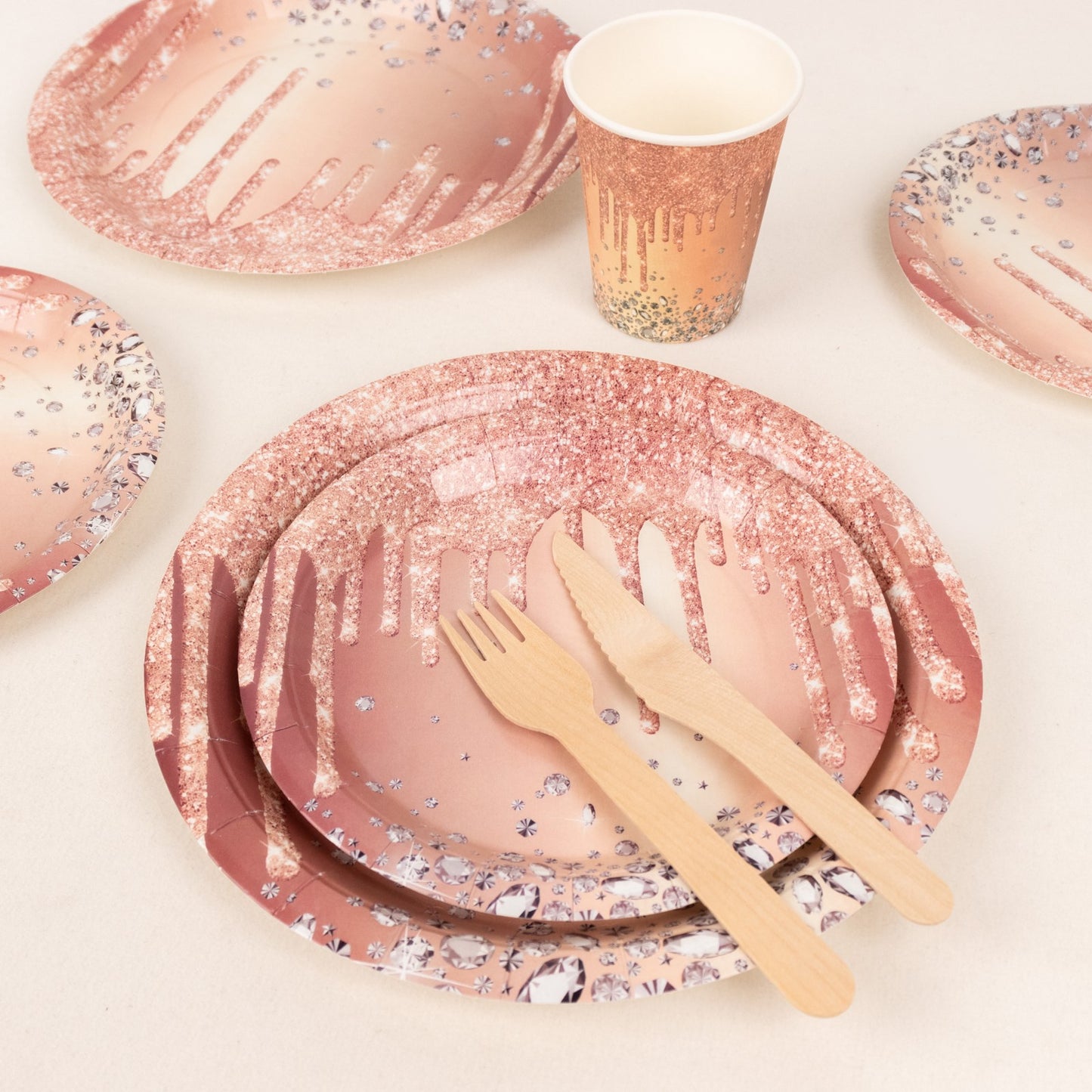 72 Pcs Rose Gold Disposable Dinnerware Set With Diamonds Glitter Drip Pattern, Paper Plates Cups Party Supplies Combo Pack