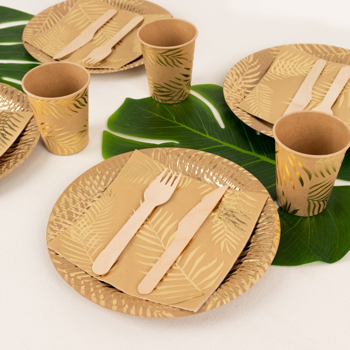 72 Pcs Natural Disposable Dinnerware Set With Gold Foil Palm Leaves Print, Paper Plates Cups Napkins Party Supplies Combo Pack