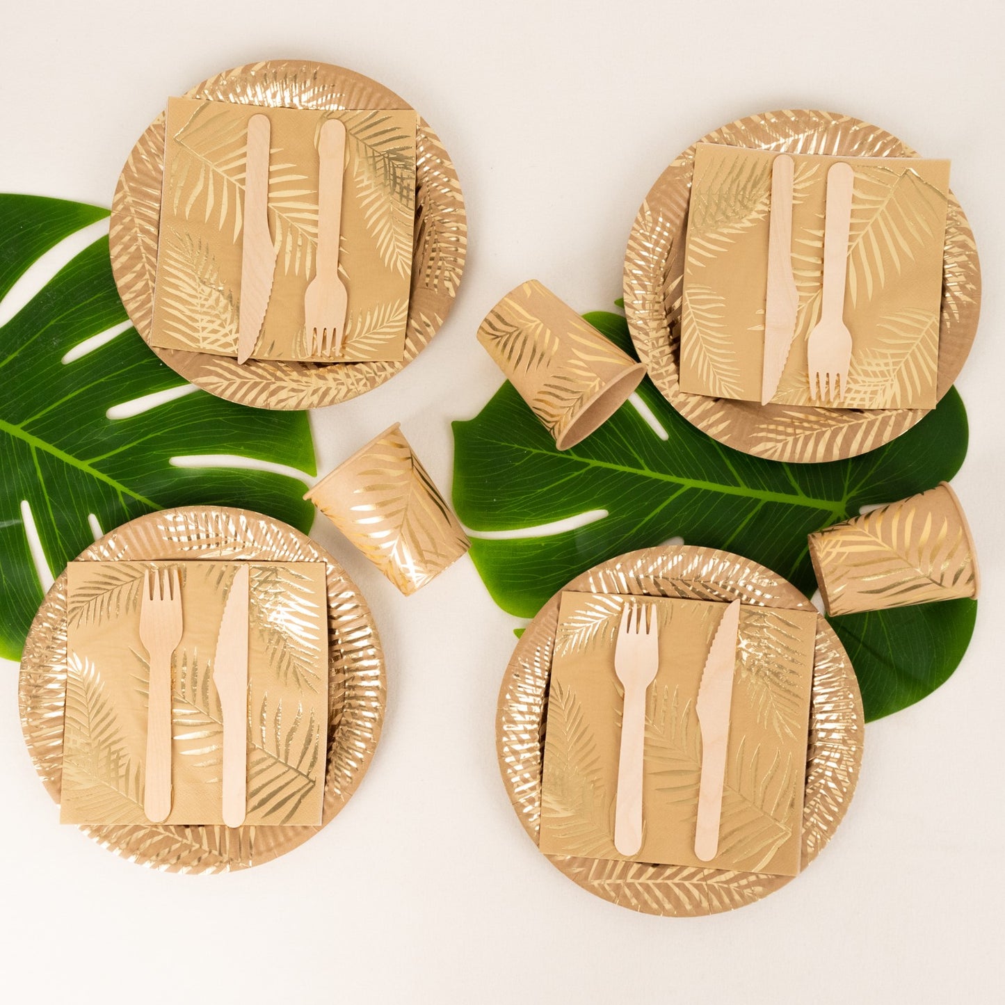 72 Pcs Natural Disposable Dinnerware Set With Gold Foil Palm Leaves Print, Paper Plates Cups Napkins Party Supplies Combo Pack