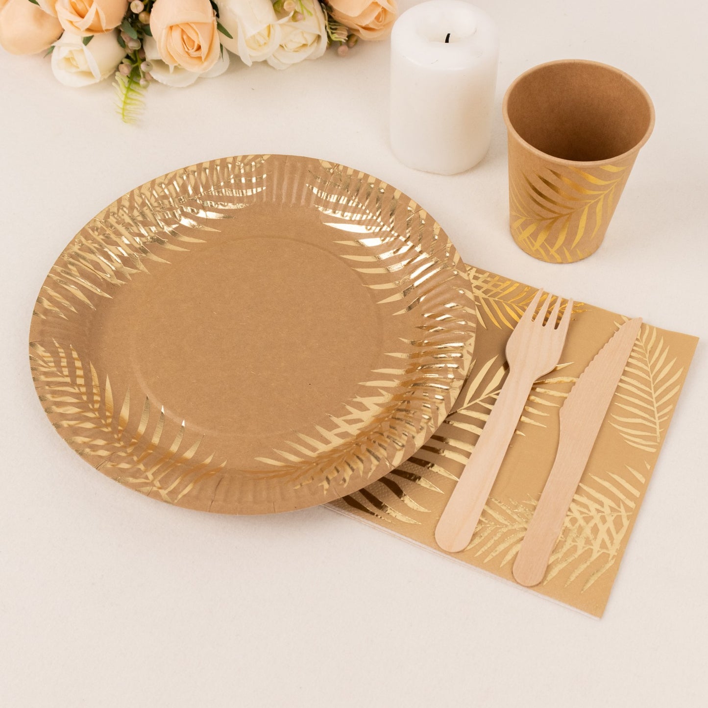 72 Pcs Natural Disposable Dinnerware Set With Gold Foil Palm Leaves Print, Paper Plates Cups Napkins Party Supplies Combo Pack