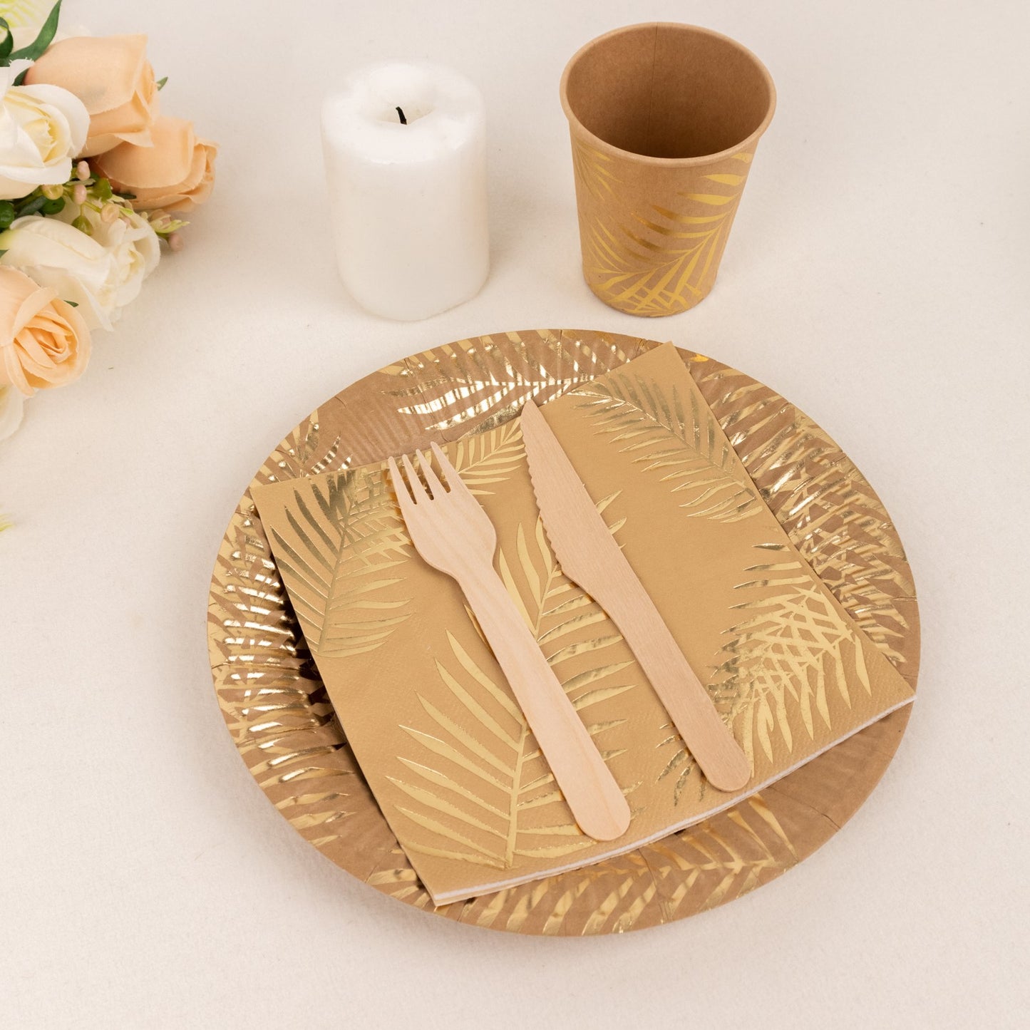 72 Pcs Natural Disposable Dinnerware Set With Gold Foil Palm Leaves Print, Paper Plates Cups Napkins Party Supplies Combo Pack