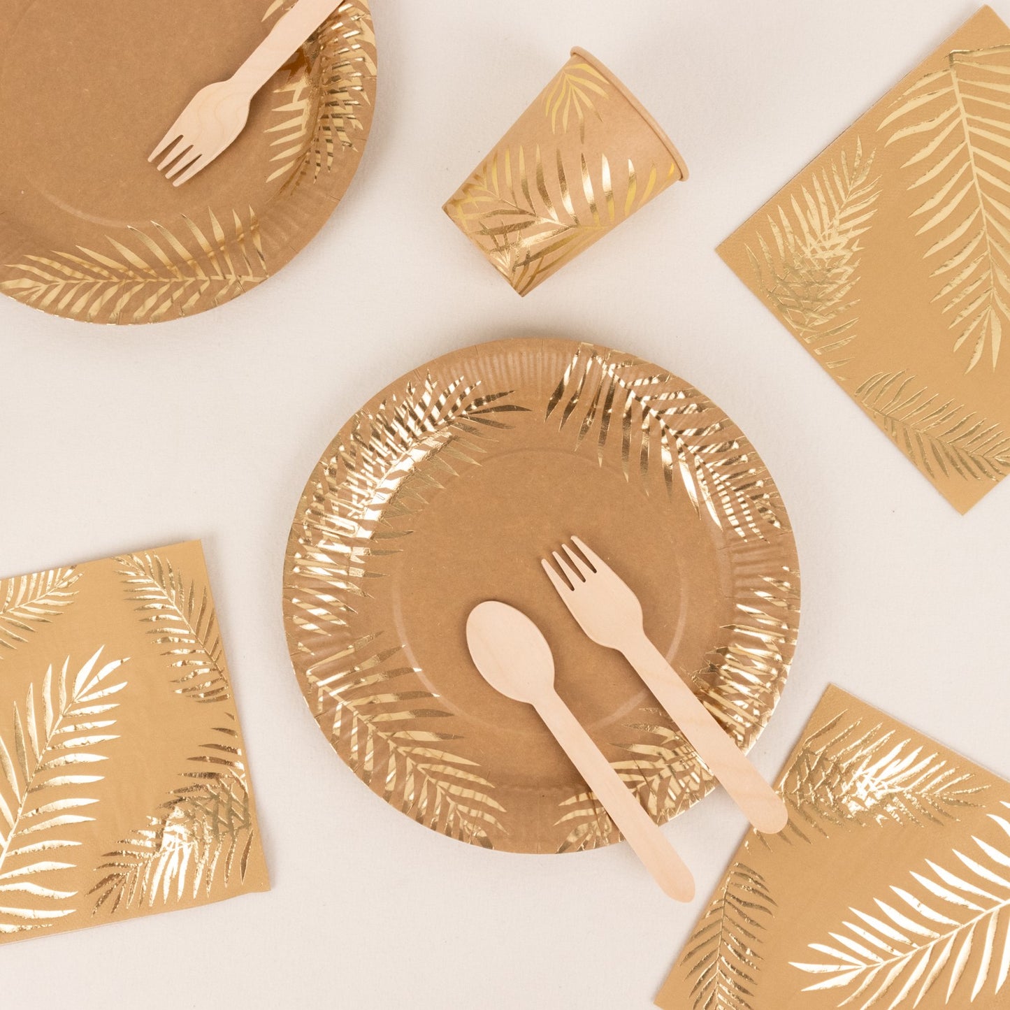 72 Pcs Natural Disposable Dinnerware Set With Gold Foil Palm Leaves Print, Paper Plates Cups Napkins Party Supplies Combo Pack