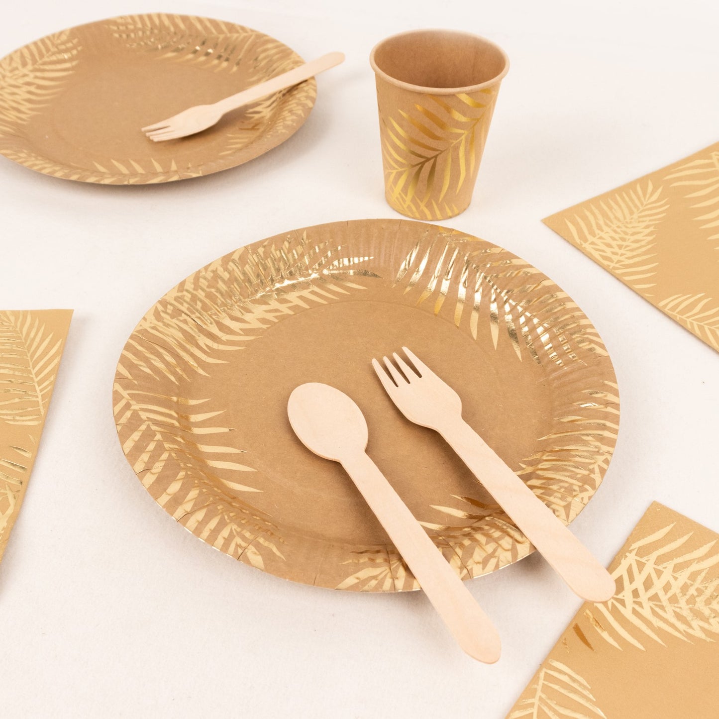 72 Pcs Natural Disposable Dinnerware Set With Gold Foil Palm Leaves Print, Paper Plates Cups Napkins Party Supplies Combo Pack