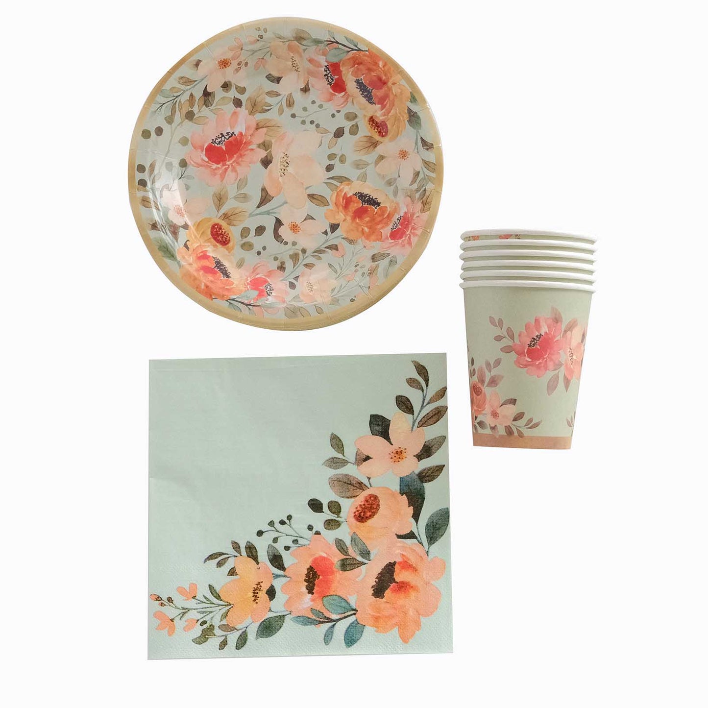 72 Pcs Sage Green Disposable Tableware Set With Pink Floral Print, Paper Plates Cups Napkins Dinnerware Combo Pack