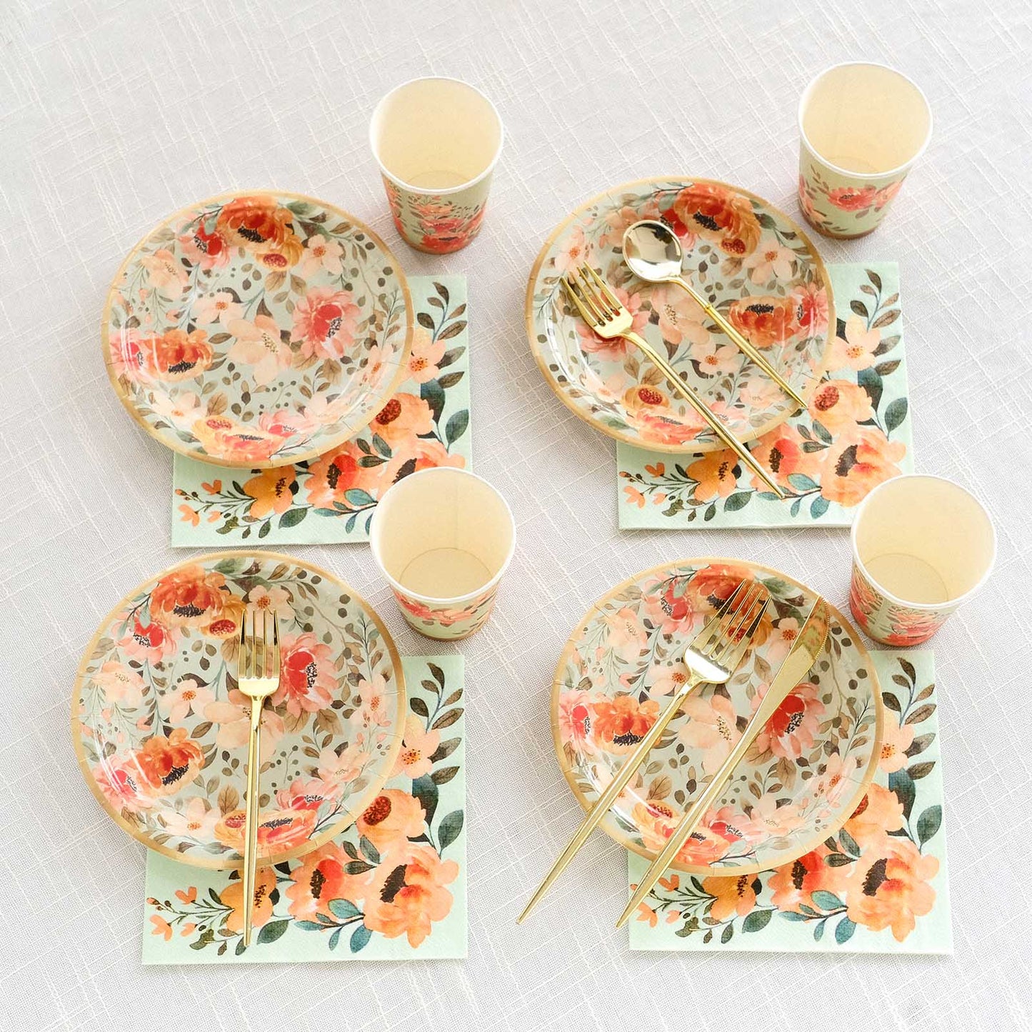 72 Pcs Sage Green Disposable Tableware Set With Pink Floral Print, Paper Plates Cups Napkins Dinnerware Combo Pack