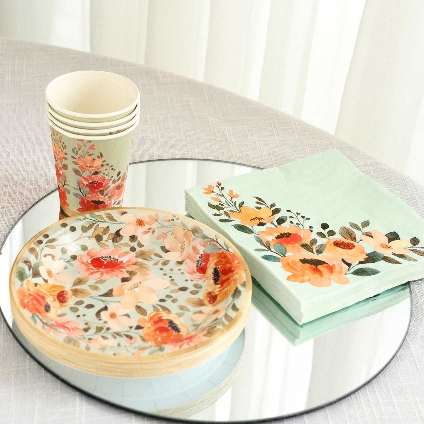 72 Pcs Sage Green Disposable Tableware Set With Pink Floral Print, Paper Plates Cups Napkins Dinnerware Combo Pack