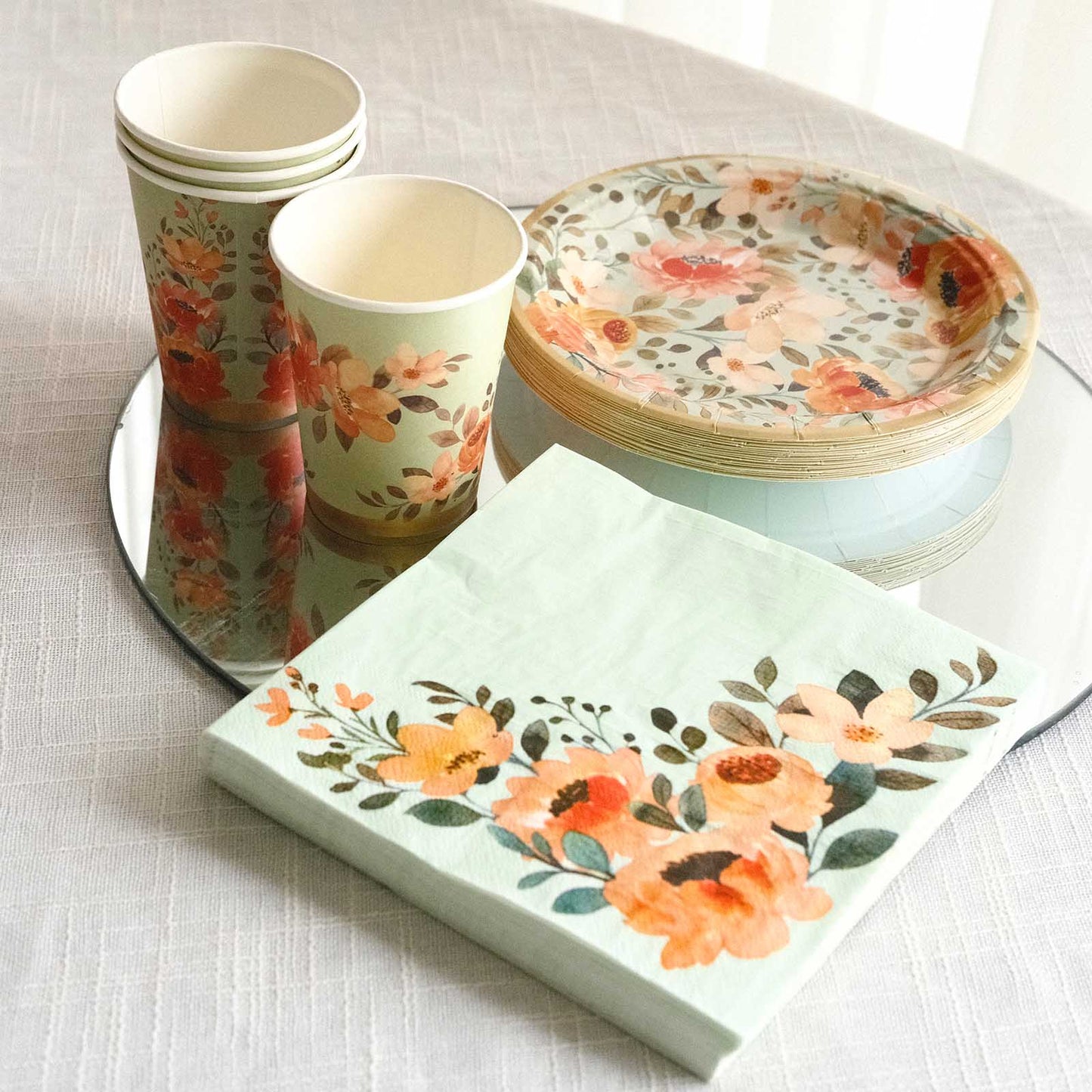 72 Pcs Sage Green Disposable Tableware Set With Pink Floral Print, Paper Plates Cups Napkins Dinnerware Combo Pack