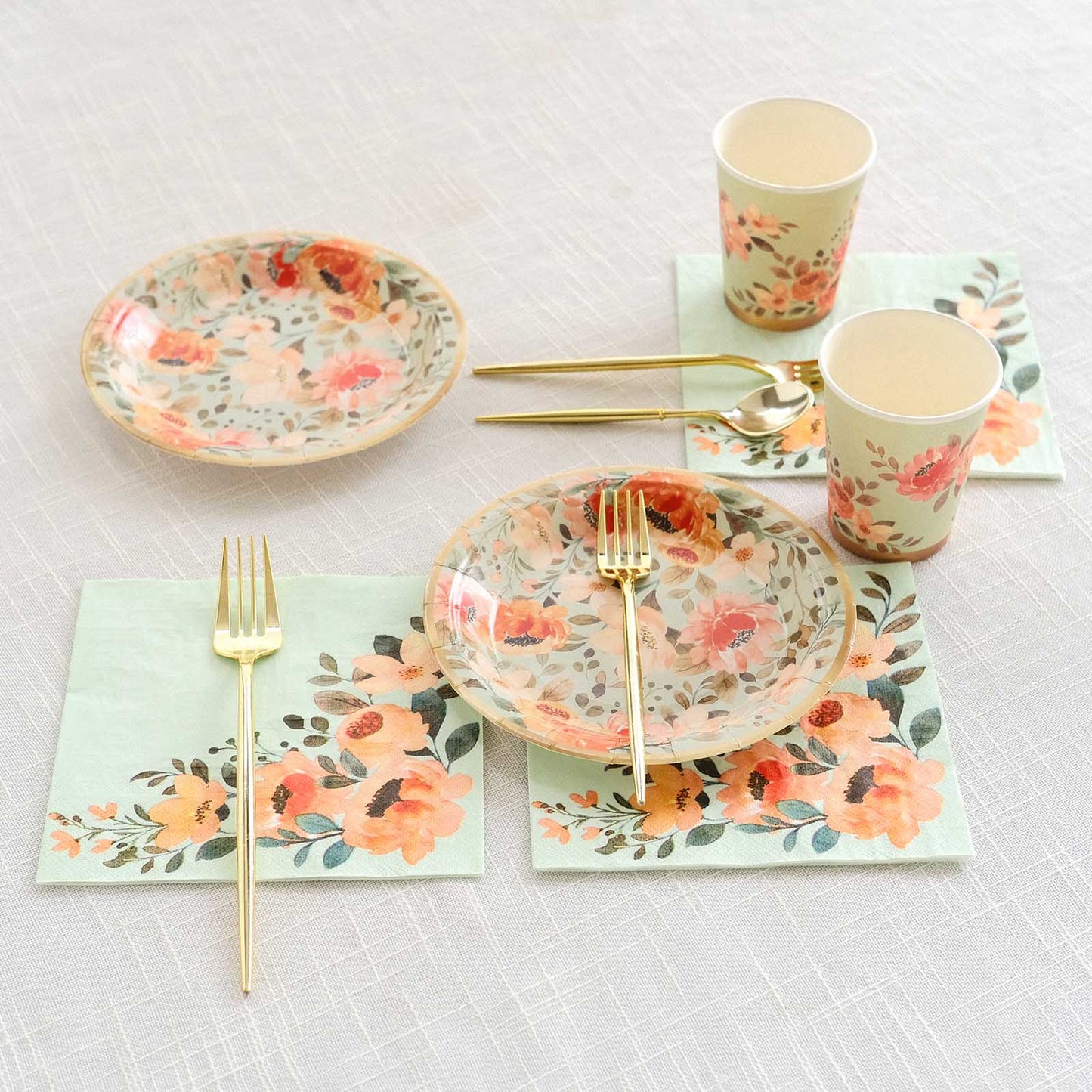 72 Pcs Sage Green Disposable Tableware Set With Pink Floral Print, Paper Plates Cups Napkins Dinnerware Combo Pack