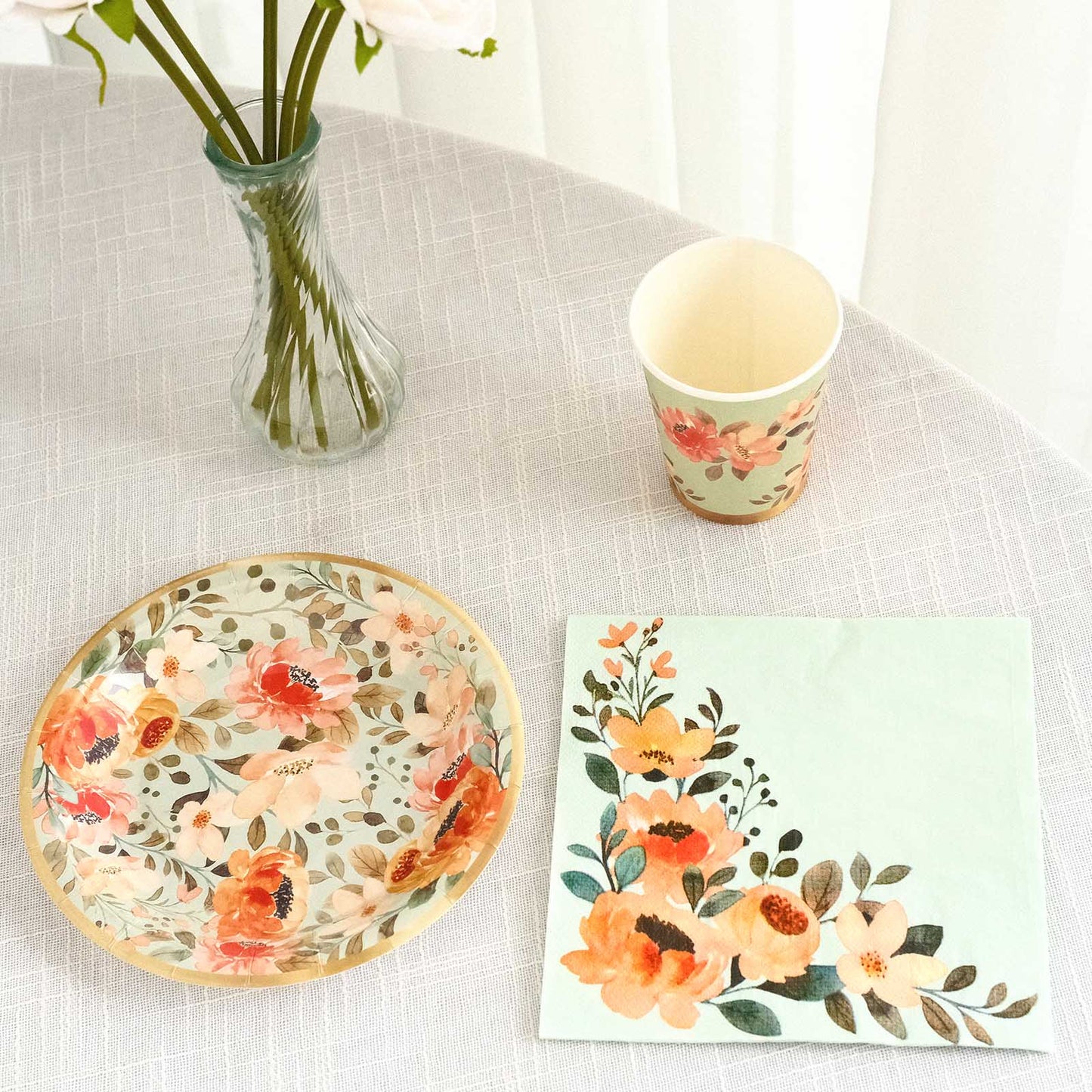 72 Pcs Sage Green Disposable Tableware Set With Pink Floral Print, Paper Plates Cups Napkins Dinnerware Combo Pack