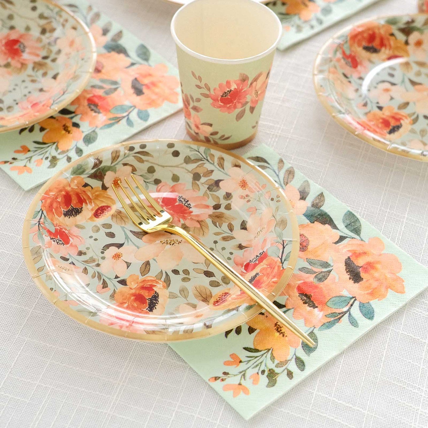 72 Pcs Sage Green Disposable Tableware Set With Pink Floral Print, Paper Plates Cups Napkins Dinnerware Combo Pack