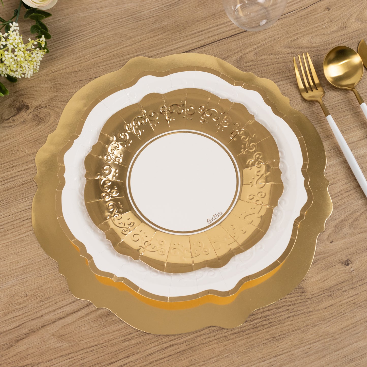 75 Pcs White Gold Disposable Paper Plates with Embossed Scalloped Rim, Round Heavy Duty Charger Dinner Salad Party Plates - 8",10",13"