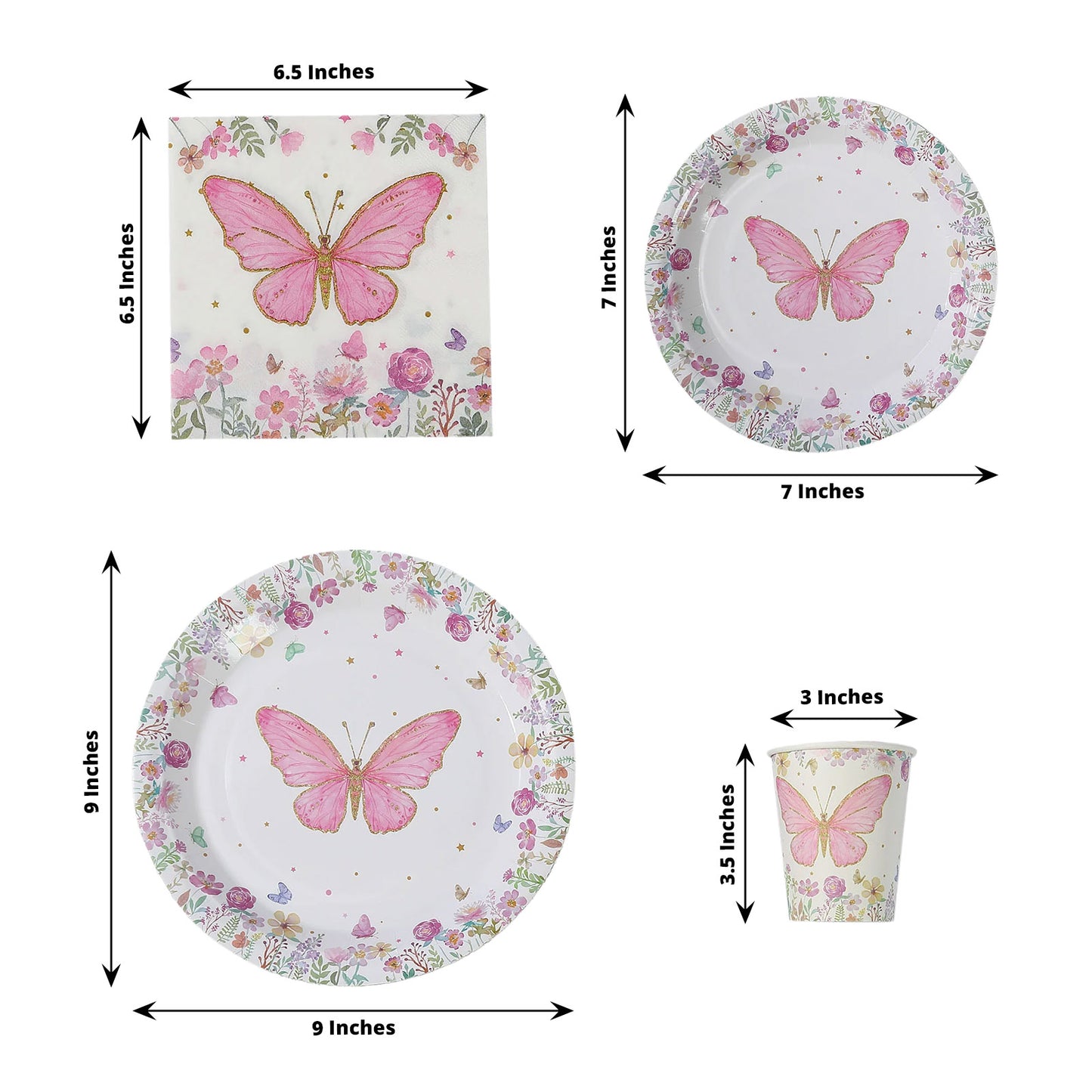 96 Pcs White Pink Butterfly Print Party Supplies, Paper Plates Cups Napkins Disposable Dinnerware Set