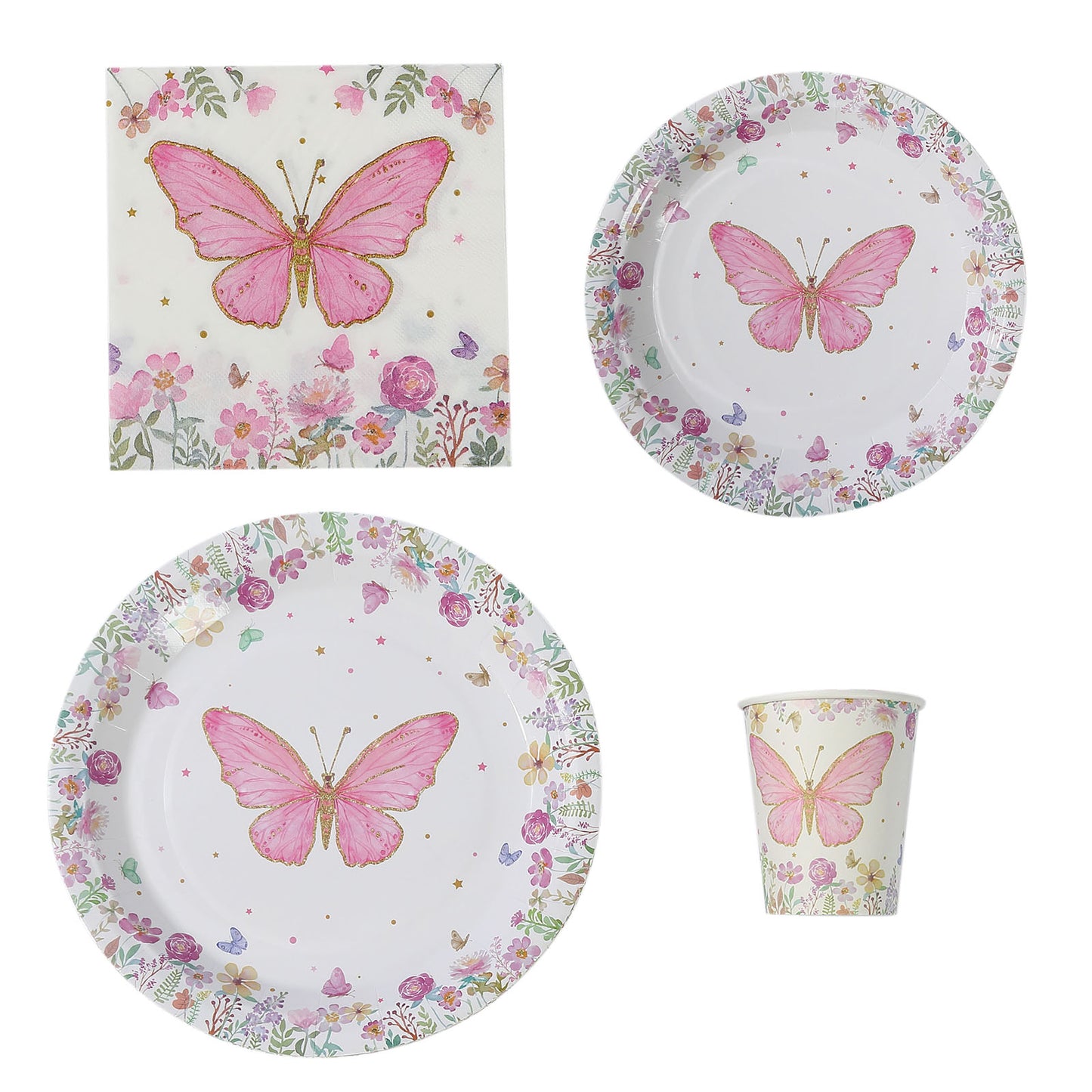 96 Pcs White Pink Butterfly Print Party Supplies, Paper Plates Cups Napkins Disposable Dinnerware Set