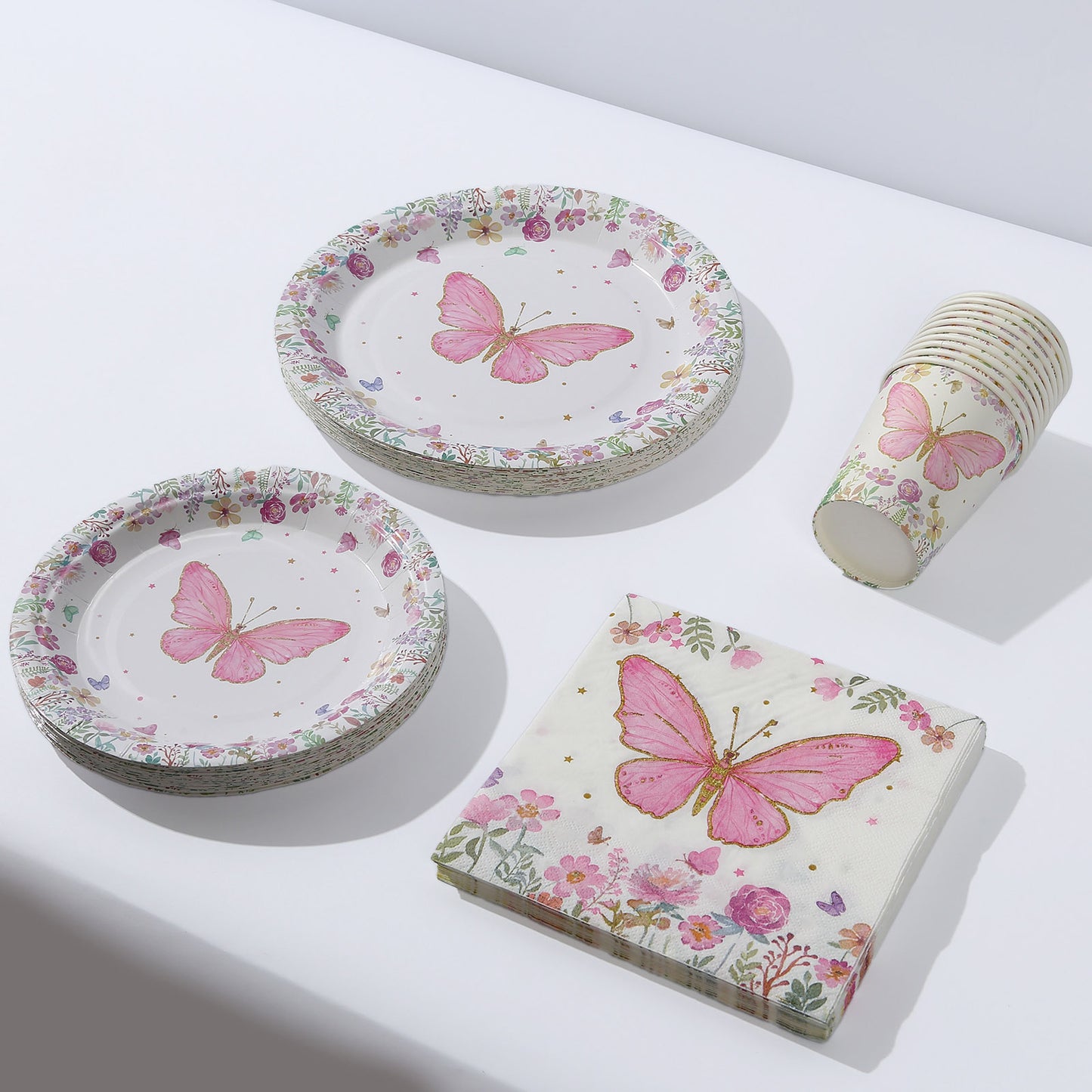 96 Pcs White Pink Butterfly Print Party Supplies, Paper Plates Cups Napkins Disposable Dinnerware Set