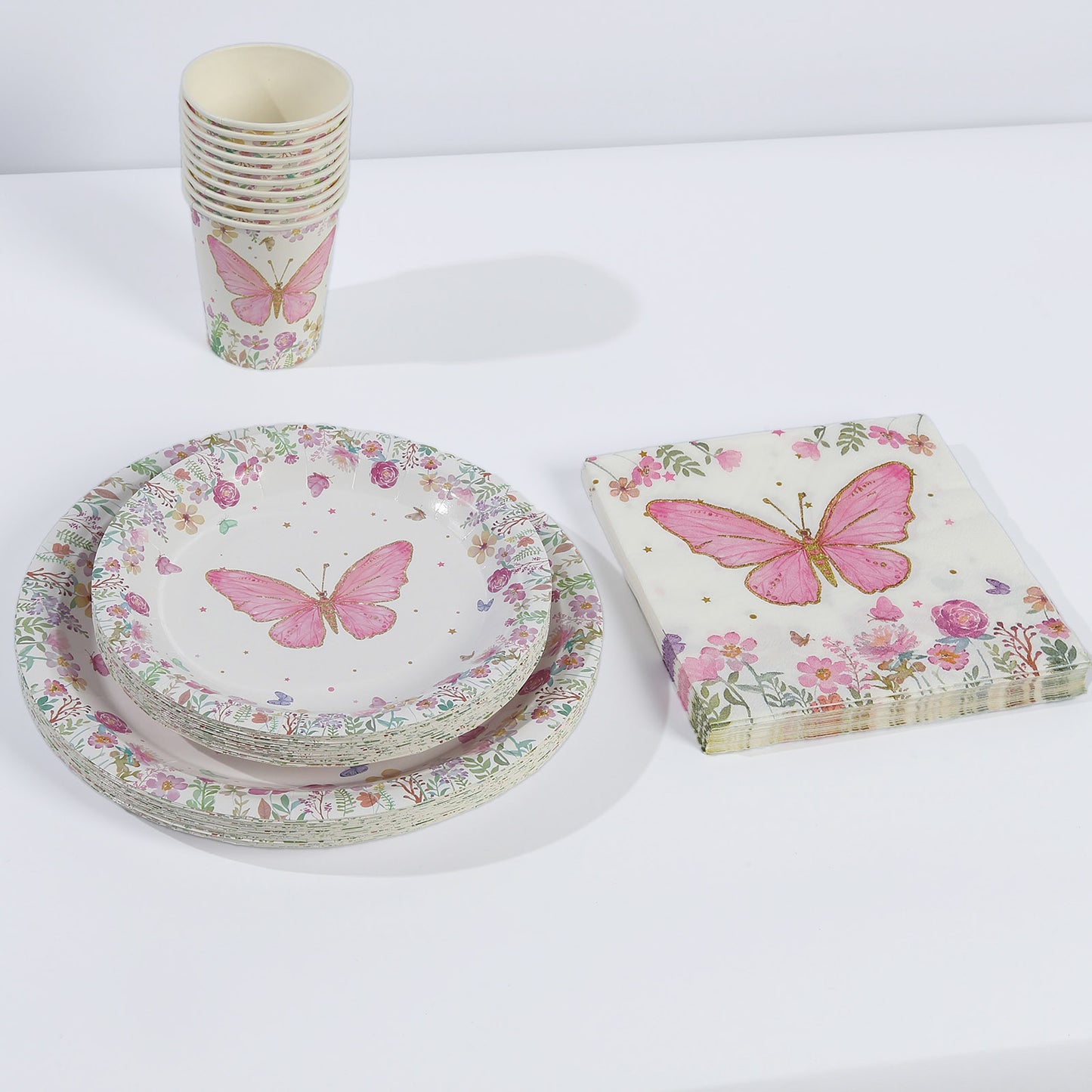 96 Pcs White Pink Butterfly Print Party Supplies, Paper Plates Cups Napkins Disposable Dinnerware Set