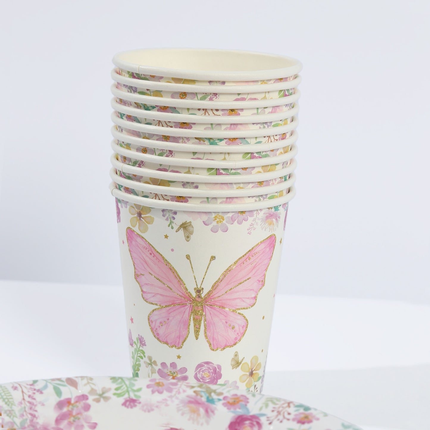 96 Pcs White Pink Butterfly Print Party Supplies, Paper Plates Cups Napkins Disposable Dinnerware Set