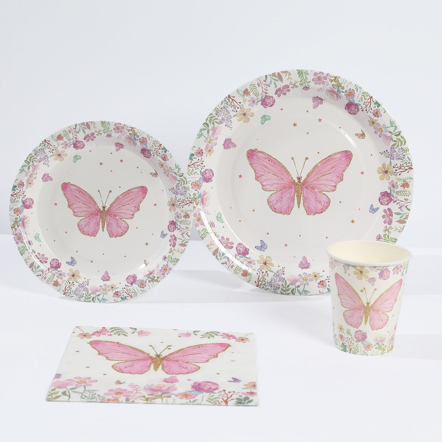 96 Pcs White Pink Butterfly Print Party Supplies, Paper Plates Cups Napkins Disposable Dinnerware Set