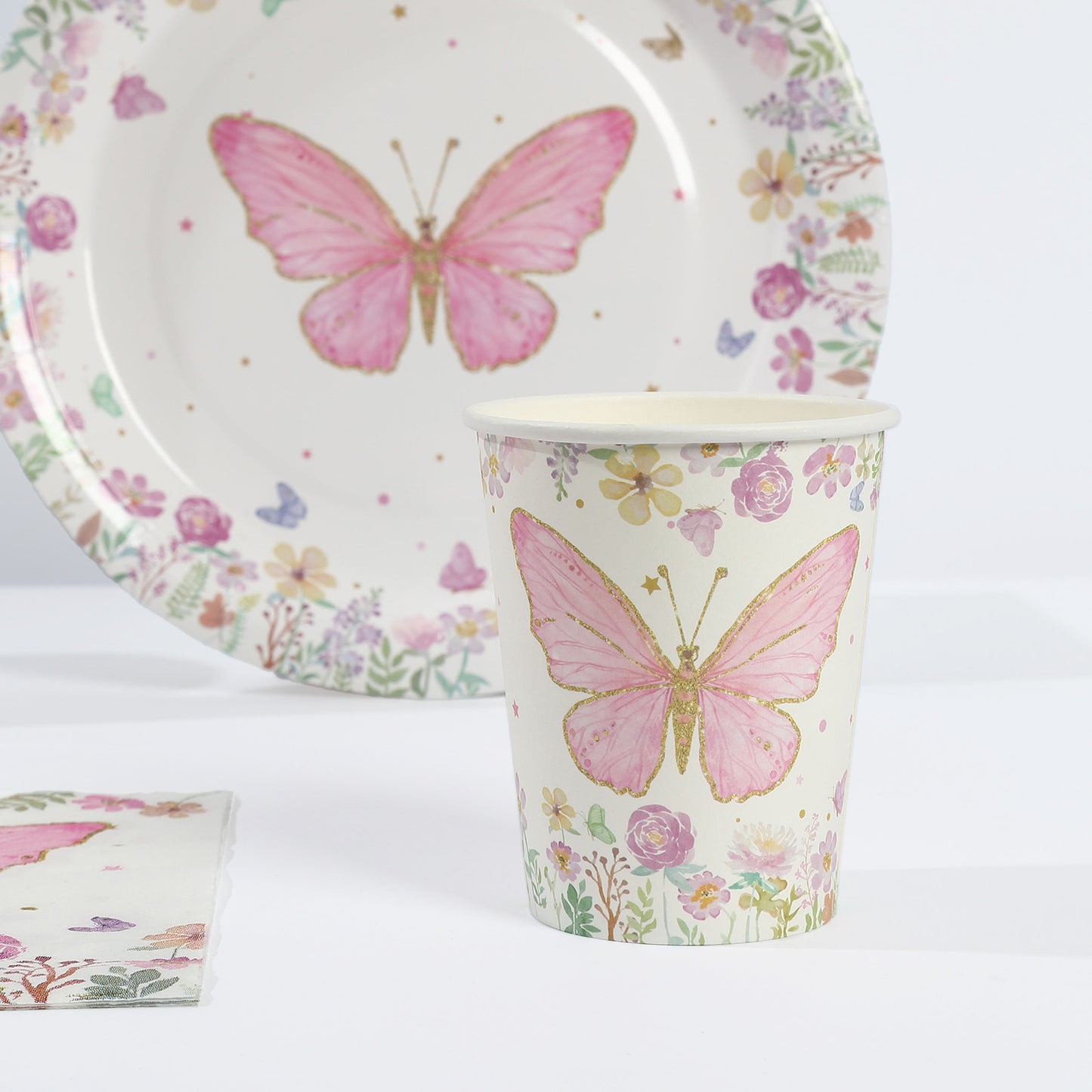 96 Pcs White Pink Butterfly Print Party Supplies, Paper Plates Cups Napkins Disposable Dinnerware Set