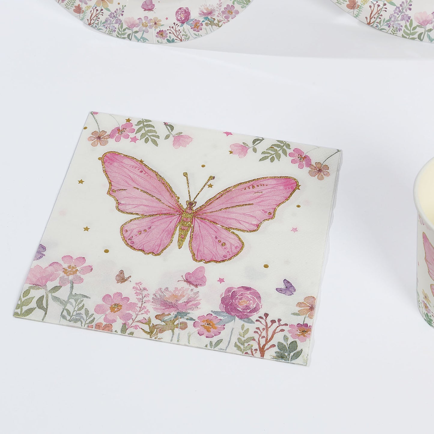 96 Pcs White Pink Butterfly Print Party Supplies, Paper Plates Cups Napkins Disposable Dinnerware Set