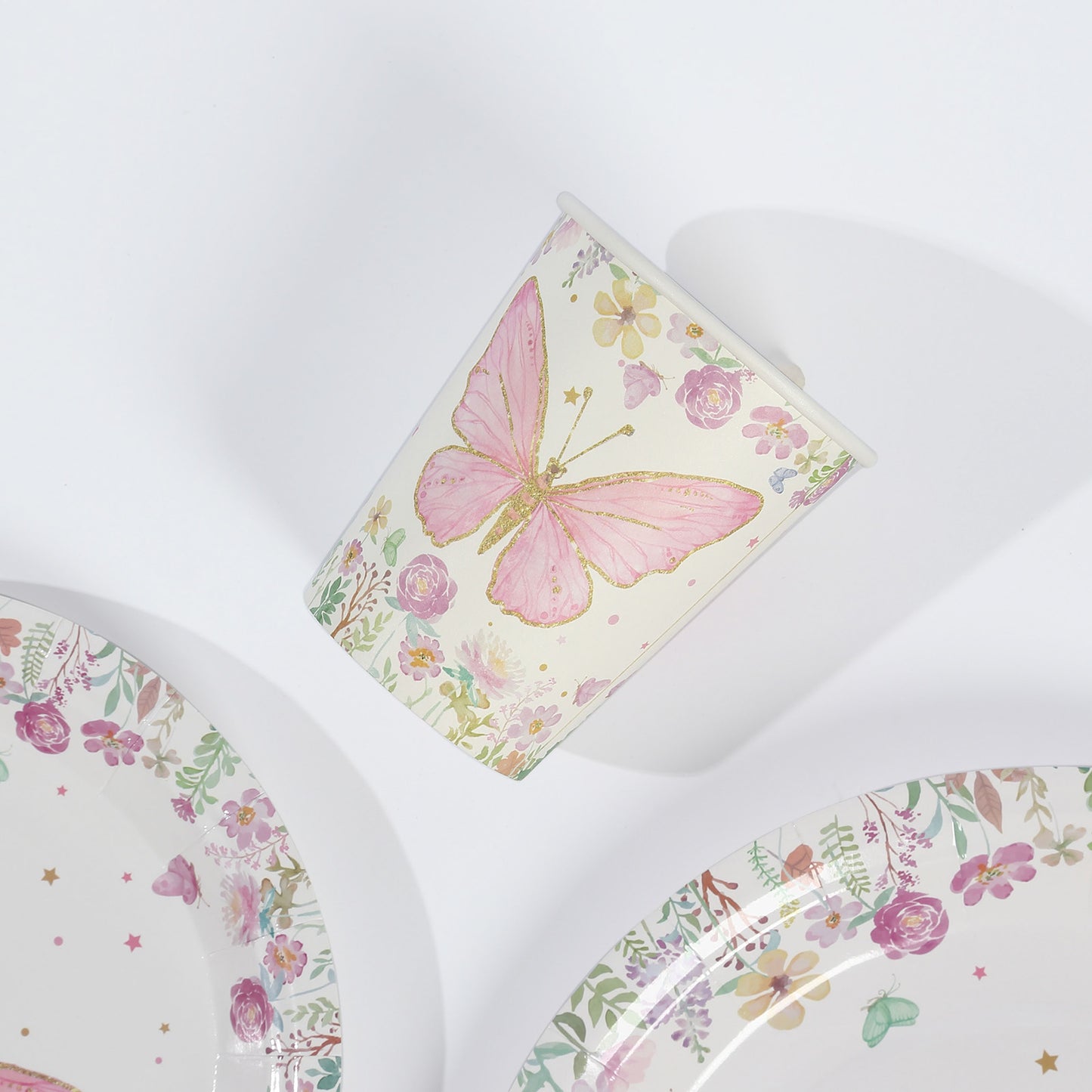 96 Pcs White Pink Butterfly Print Party Supplies, Paper Plates Cups Napkins Disposable Dinnerware Set