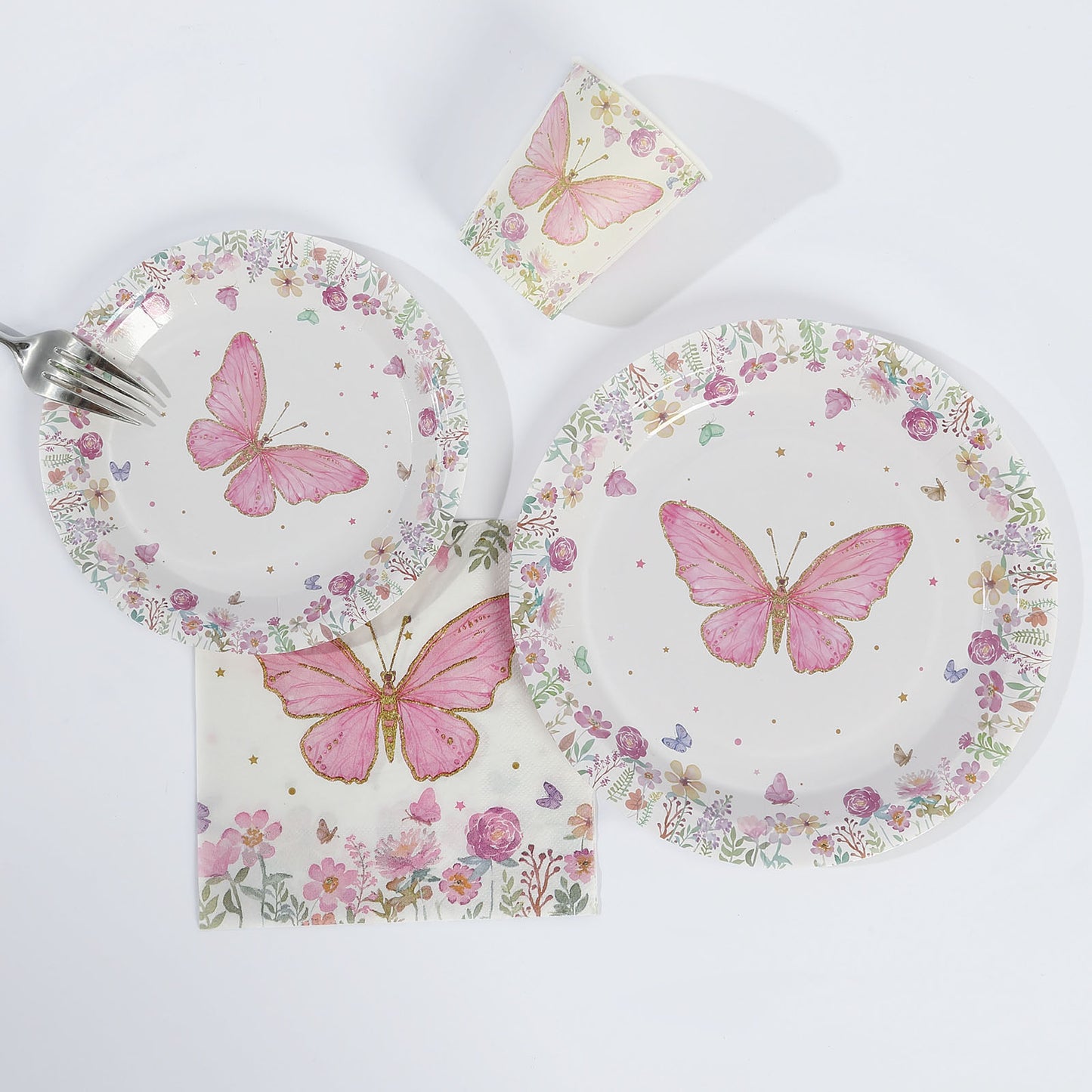 96 Pcs White Pink Butterfly Print Party Supplies, Paper Plates Cups Napkins Disposable Dinnerware Set