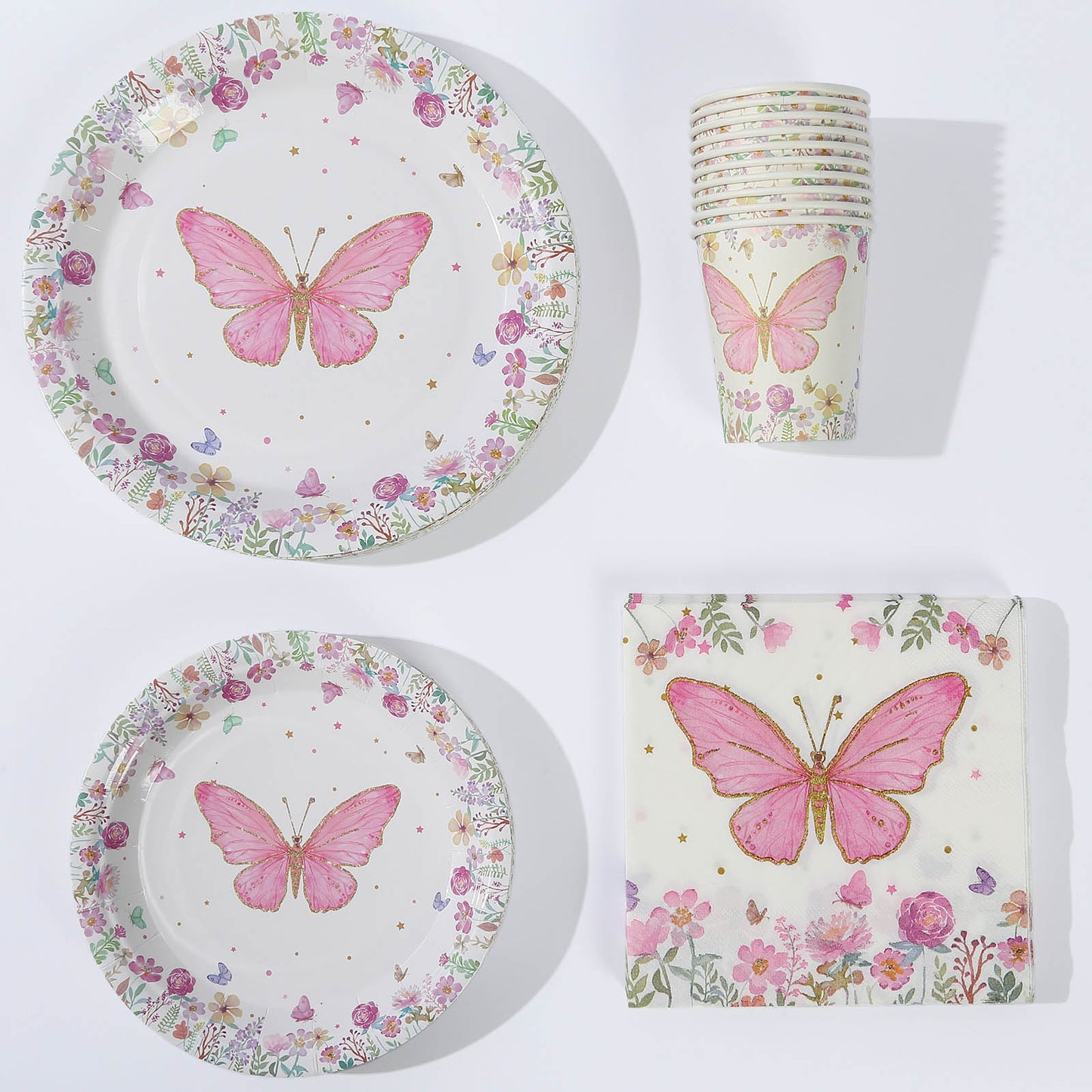 96 Pcs White Pink Butterfly Print Party Supplies, Paper Plates Cups Napkins Disposable Dinnerware Set