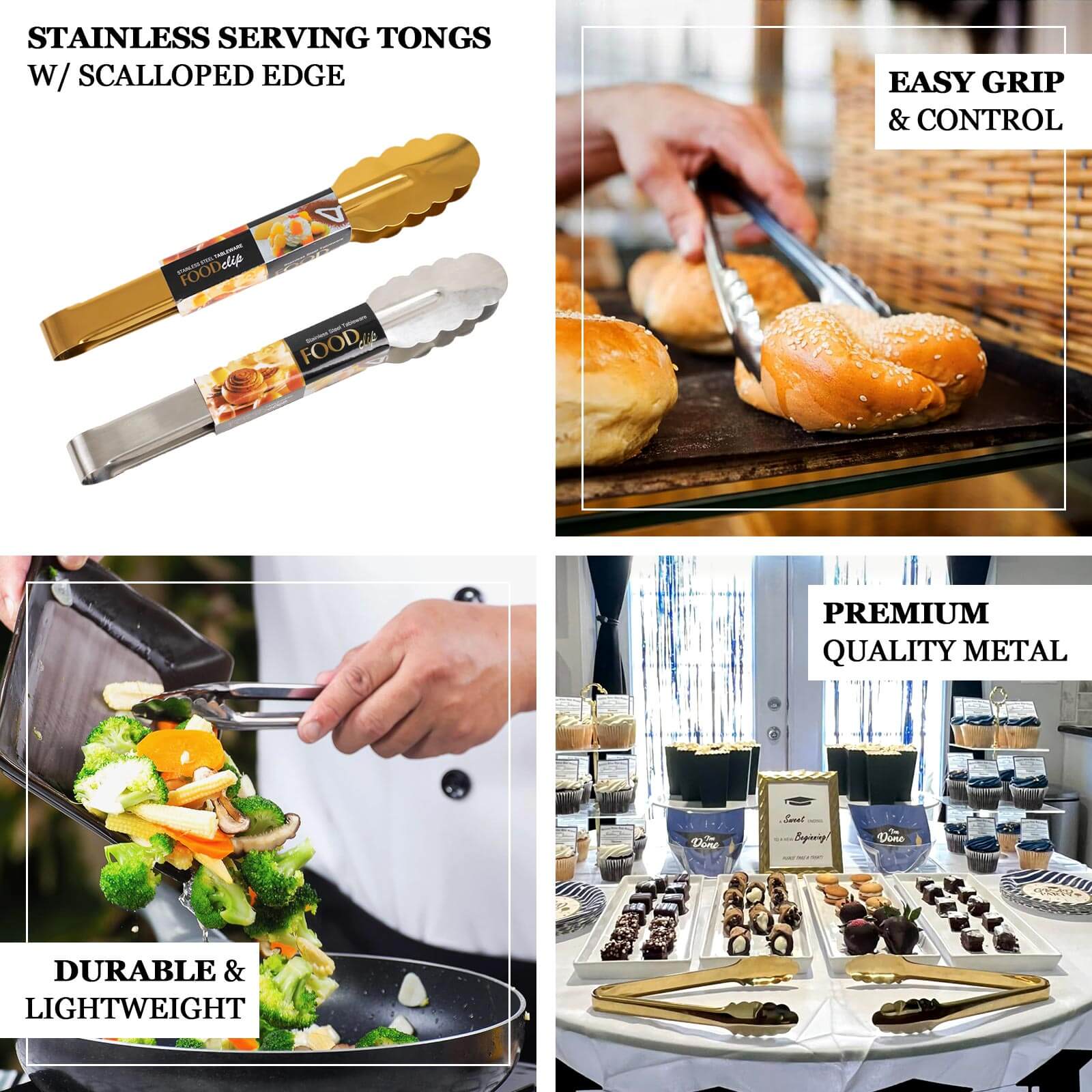 Gold metal kitchen tongs with scalloped edge for easy grip and control.