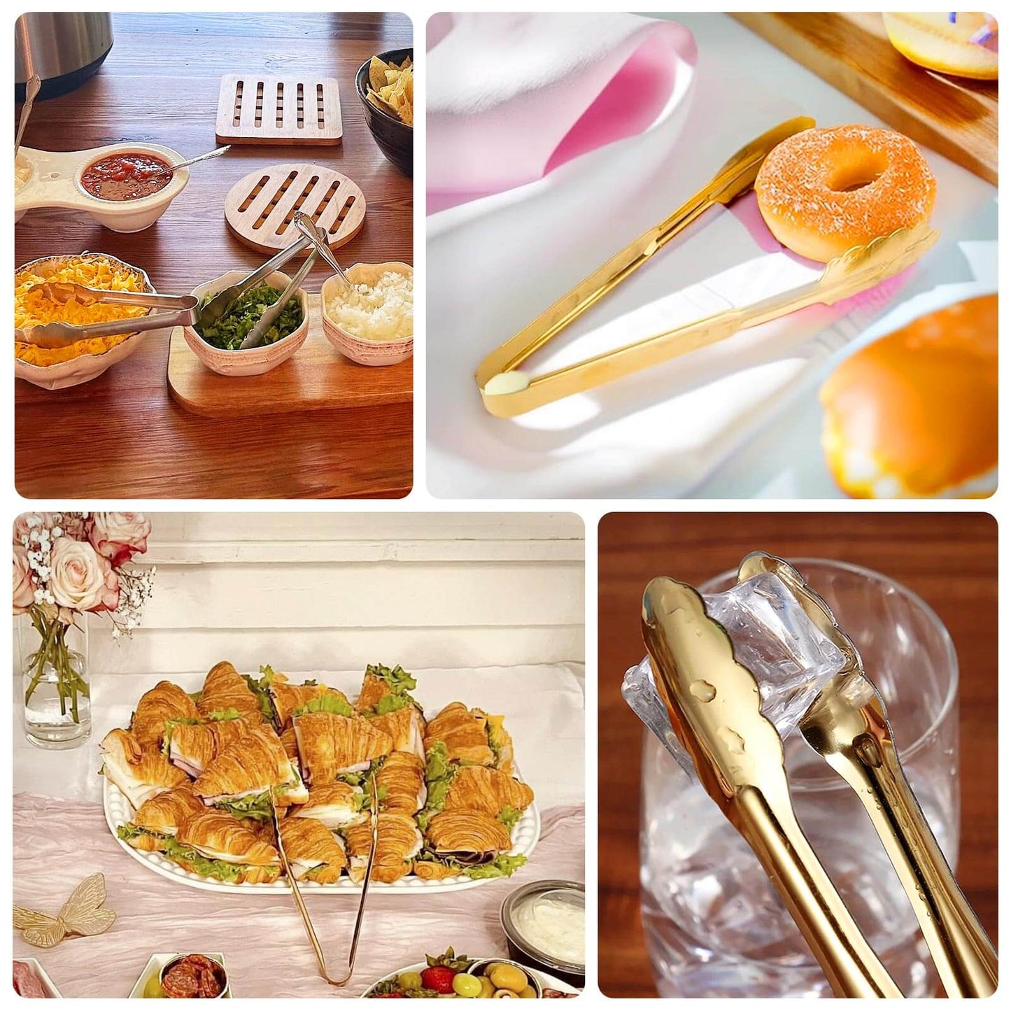 Gold metal kitchen tongs with scalloped edges and easy grip for serving.