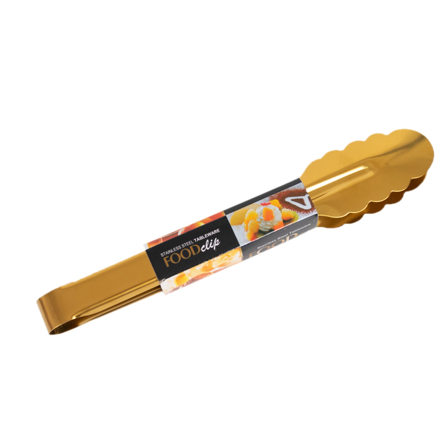 Gold metal kitchen tongs with scalloped edge and easy grip design.