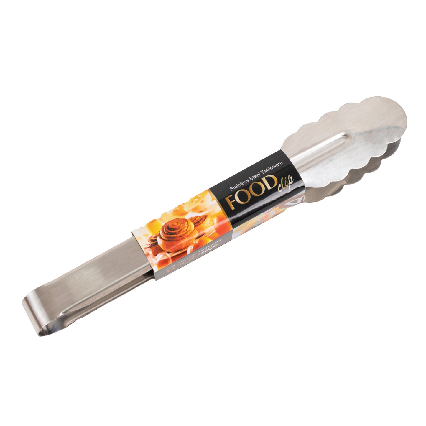 Silver metal kitchen tongs with scalloped edge and easy grip.