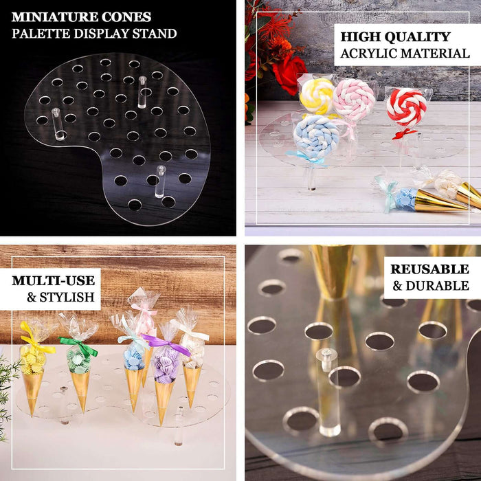 Clear acrylic ice cream cone display stand with 35 slots for mini cones.