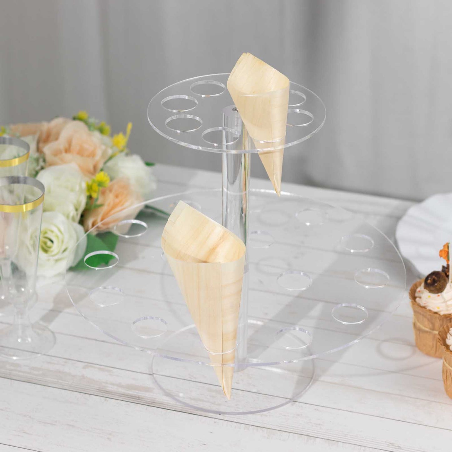 2 Tier 24-Slot Clear Acrylic Waffle Cone Holder Food Display Stand, 12" Round Ice Cream Cone Holder