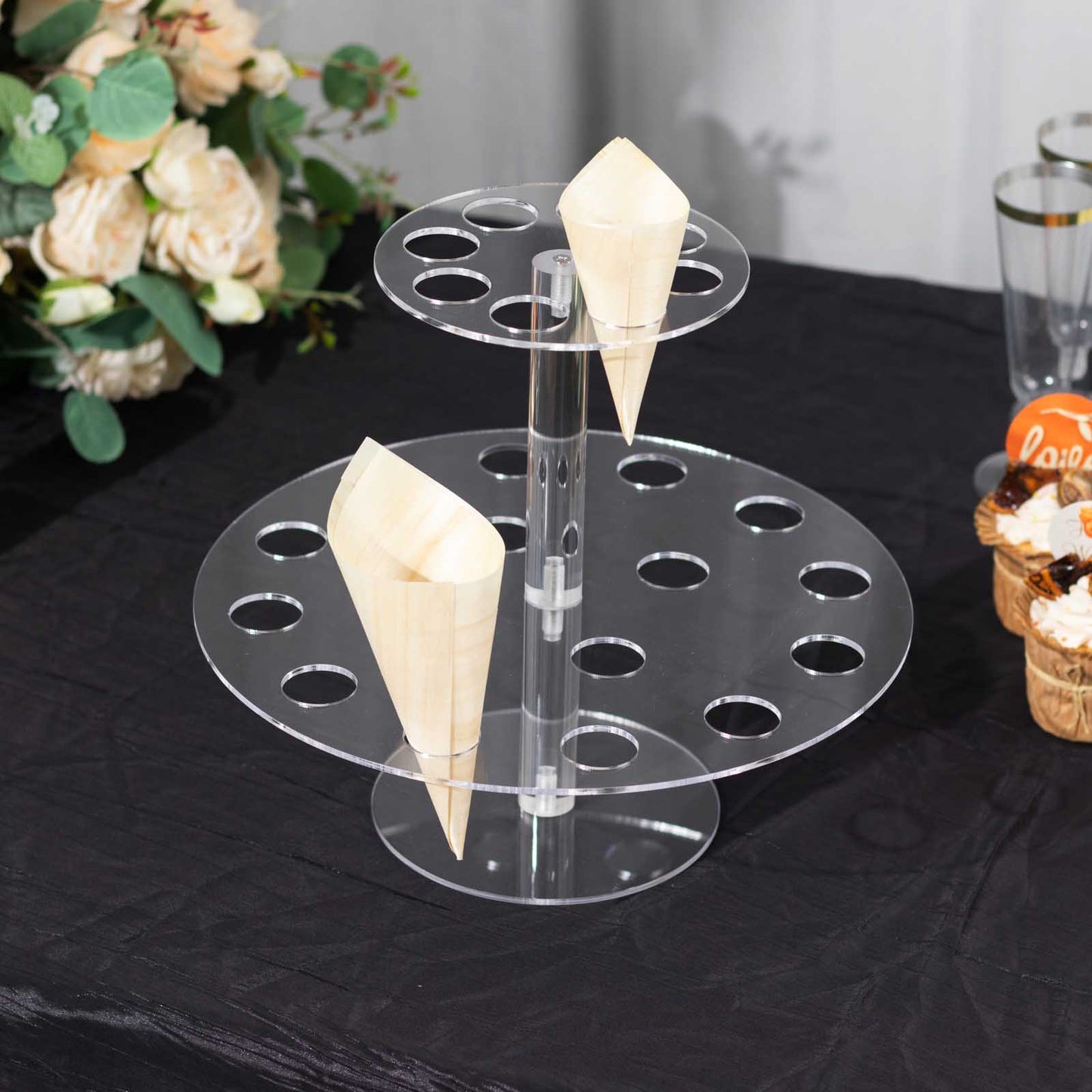 2 Tier 24-Slot Clear Acrylic Waffle Cone Holder Food Display Stand, 12" Round Ice Cream Cone Holder