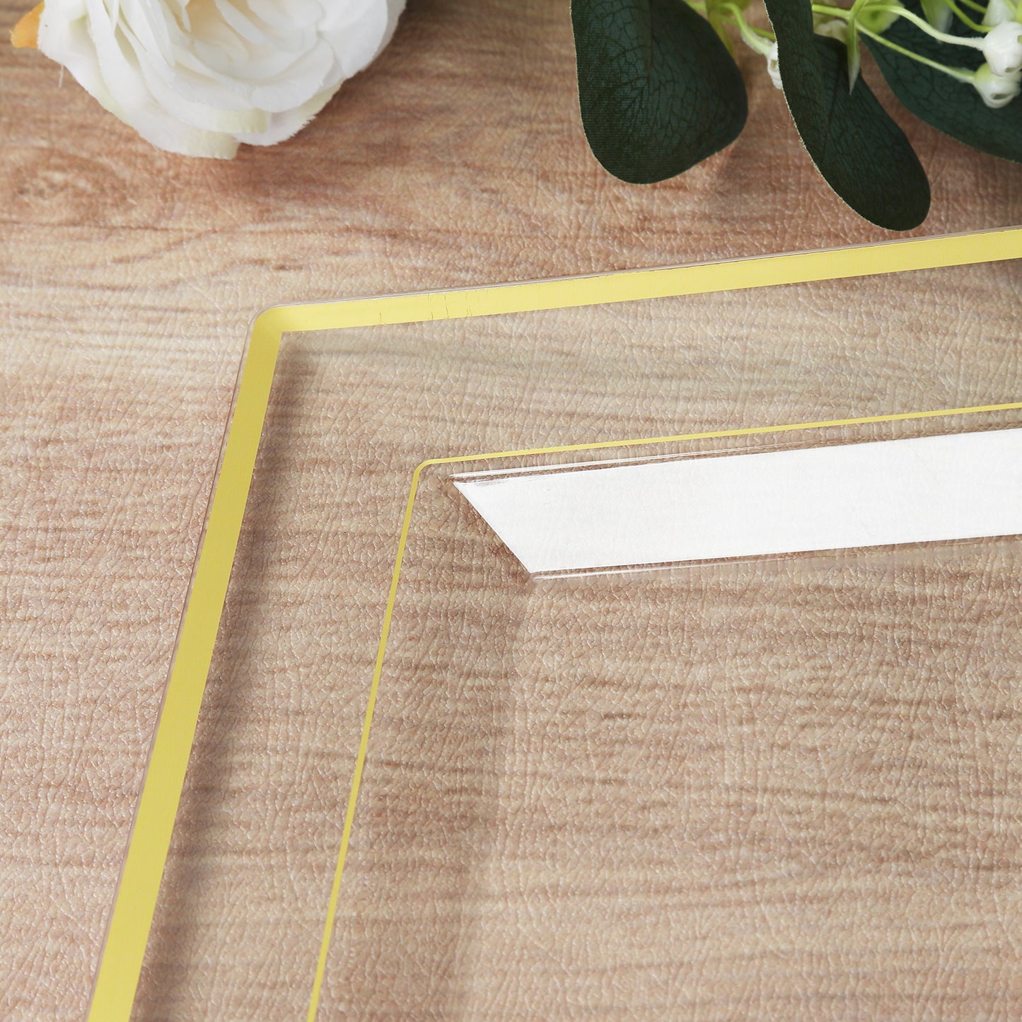10 Pack Clear Rectangular Plastic Serving Trays with Gold Rim, 13"x8" Disposable Party Platters for Appetizers and Snacks