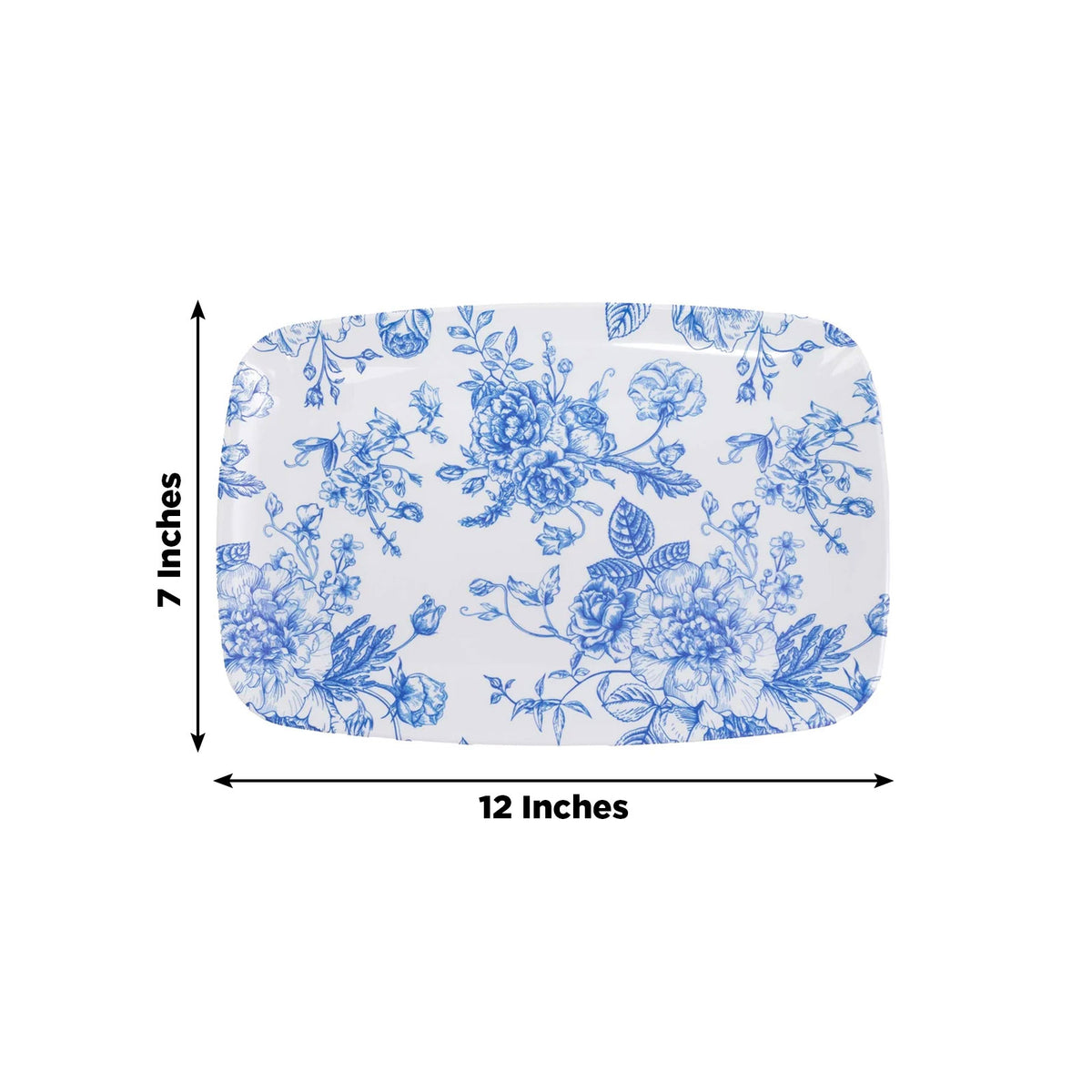 10 Pack French Toile Plastic Rectangle Serving Trays, 12"L x 7"W Blue & White Floral Party Platters