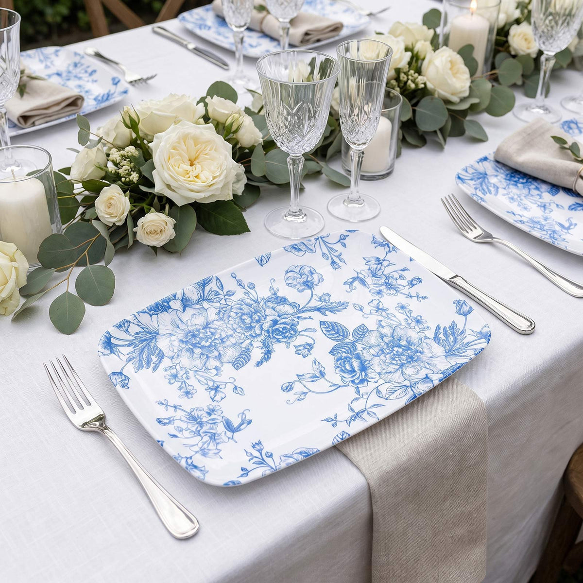 10 Pack French Toile Plastic Rectangle Serving Trays, 12"L x 7"W Blue & White Floral Party Platters