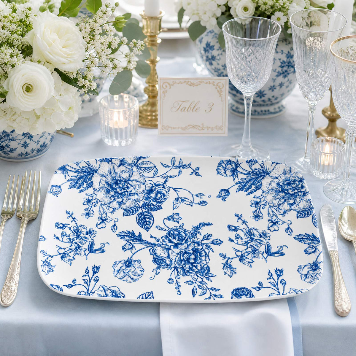 10 Pack French Toile Plastic Rectangle Serving Trays, 12"L x 7"W Blue & White Floral Party Platters